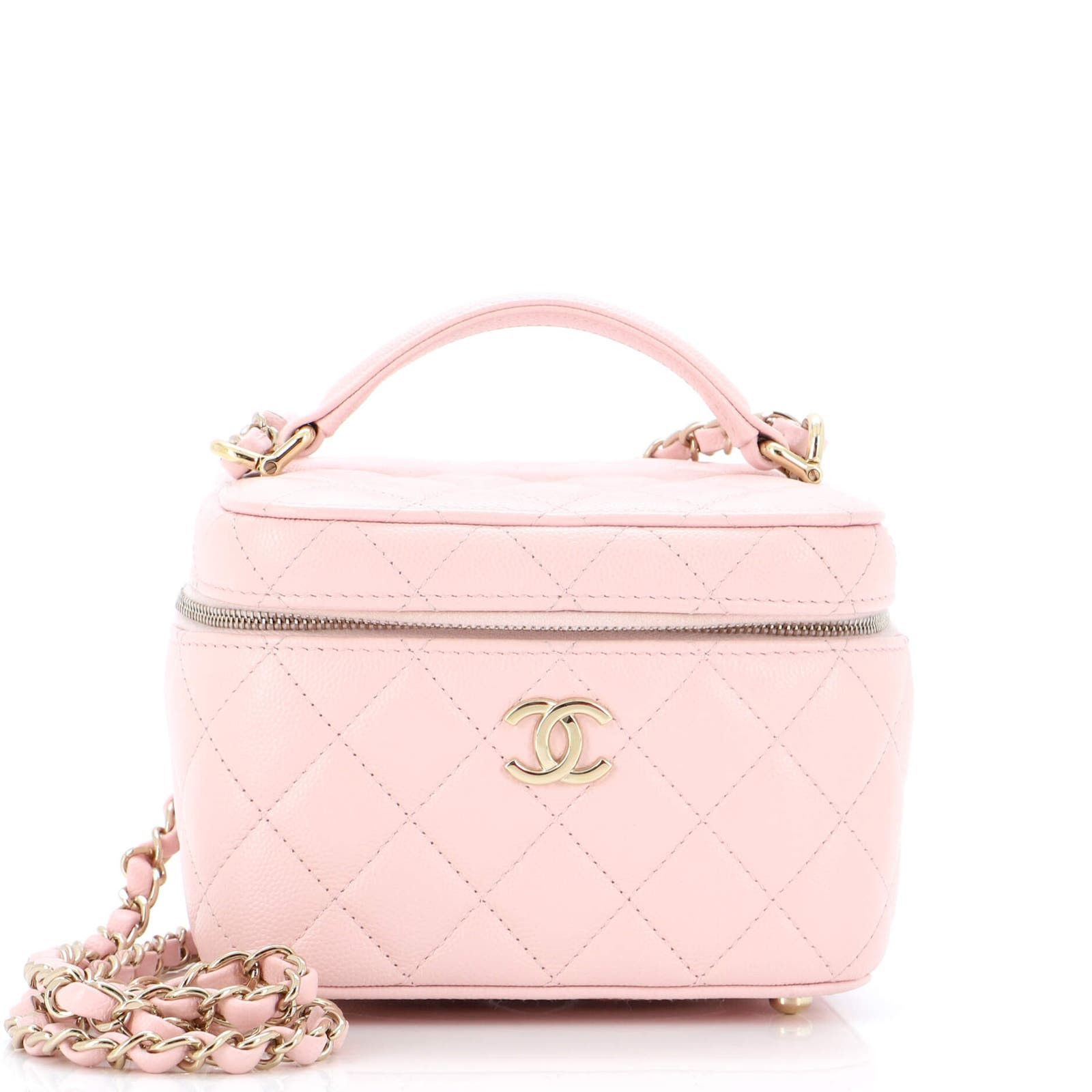 CC Top Handle Vanity Case with Chain Quilted Caviar Mini