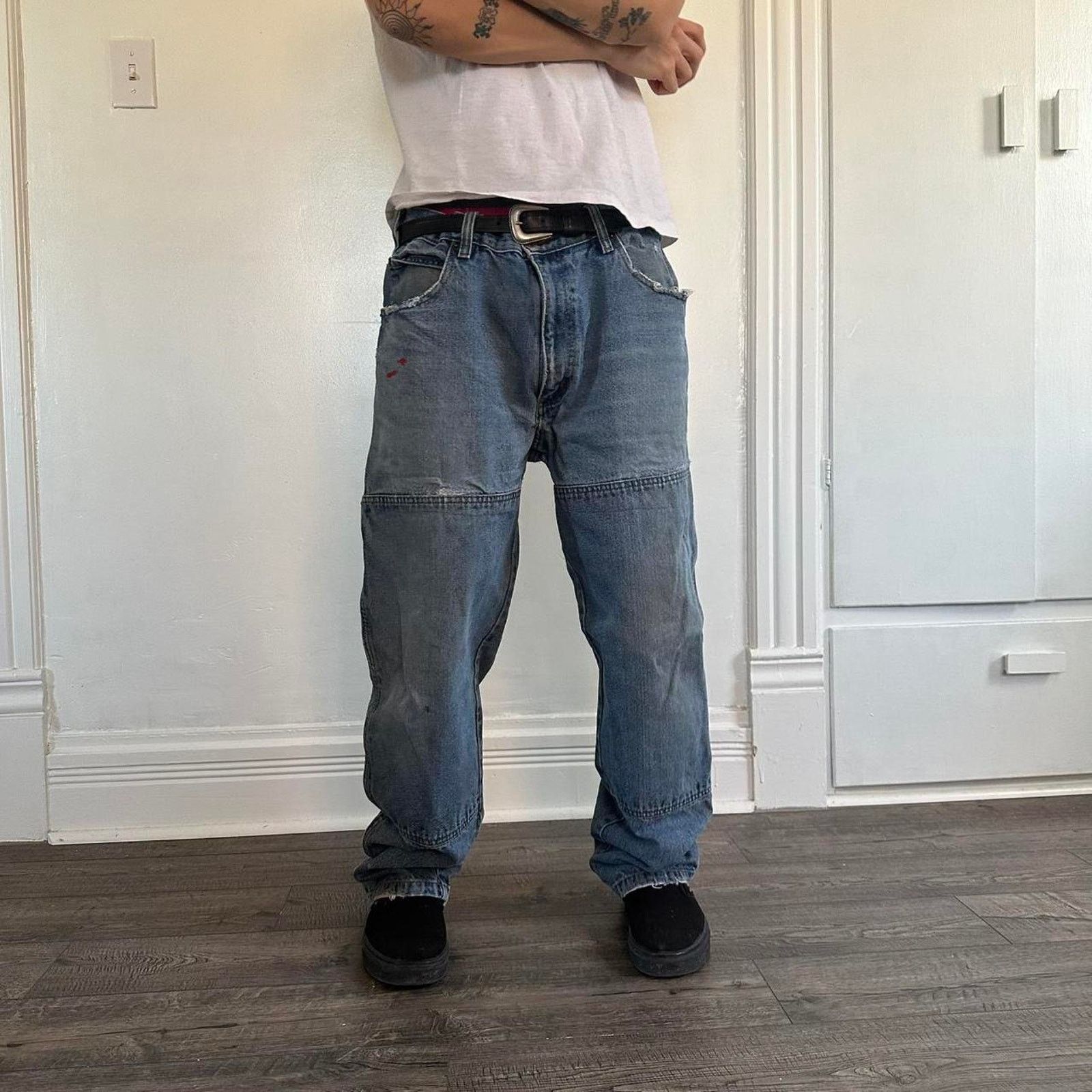 Vintage Vintage Thrashed Blue Denim Double Knee Baggy Work Jeans Size US 34 / EU 50 - 8 Thumbnail