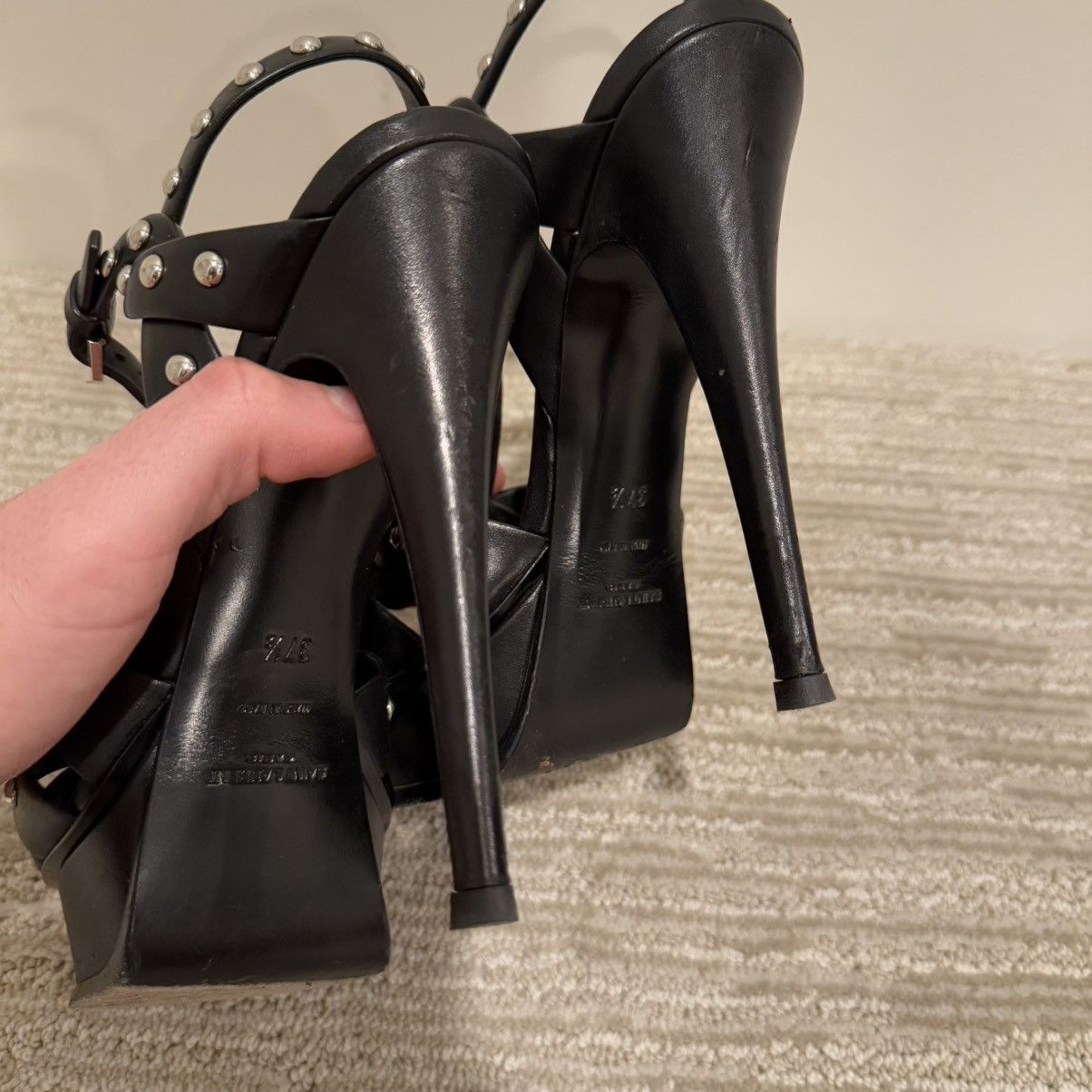 Saint Laurent Paris Saint Laurent Black Leather Studded Tribute Platform Sandals Size US 7.5 / IT 37.5 - 9 Thumbnail