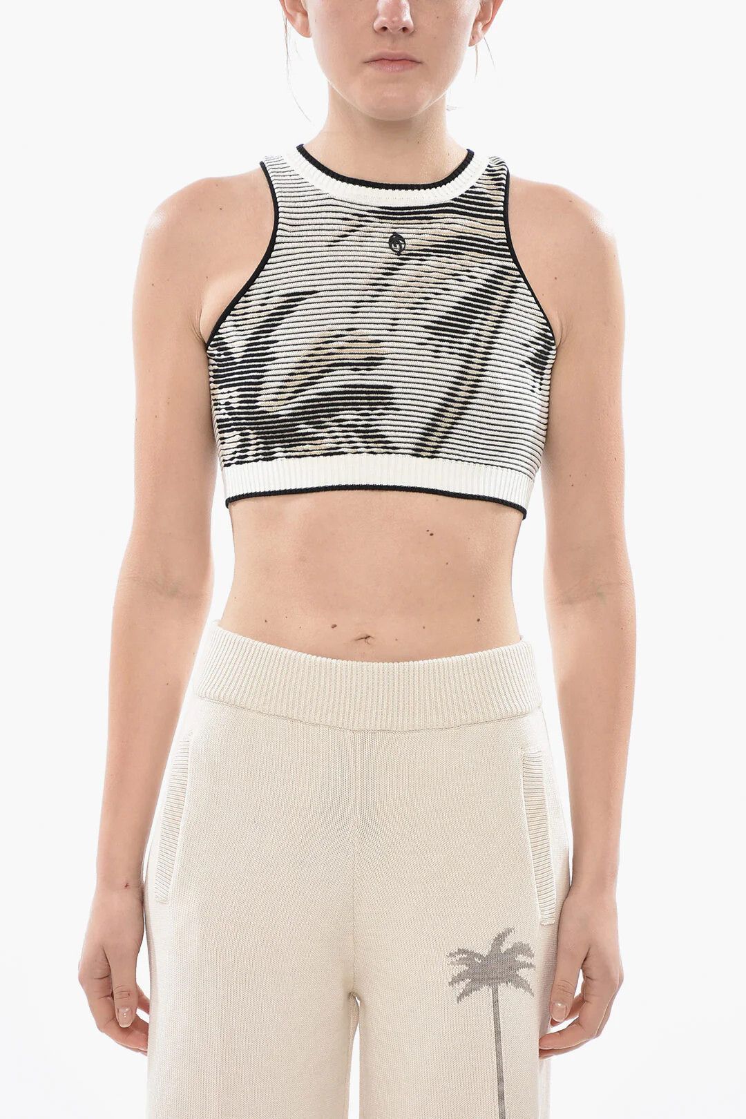 Palm Angels og1mm0326 Knit Crop Top in Black & White Size L / US 10 / IT 46 - 1 Thumbnail