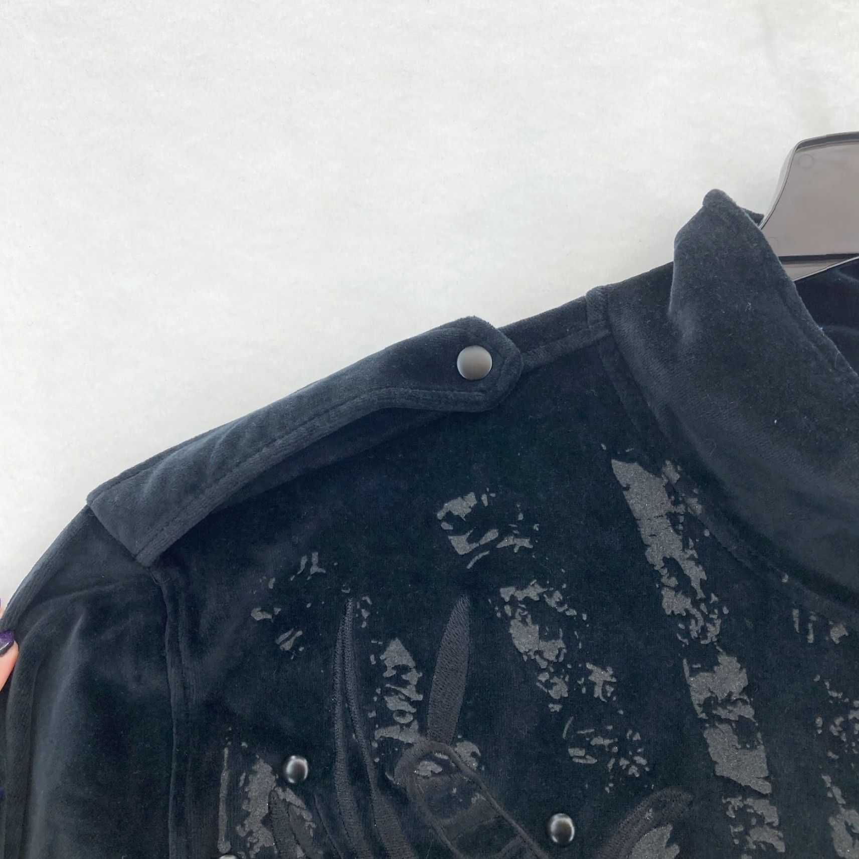 Velour VINTAGE Clench Tracksuit Jacket Mens 4XL Velour Black Embroidered Hip Hop Jacket Size 48R - 3 Thumbnail