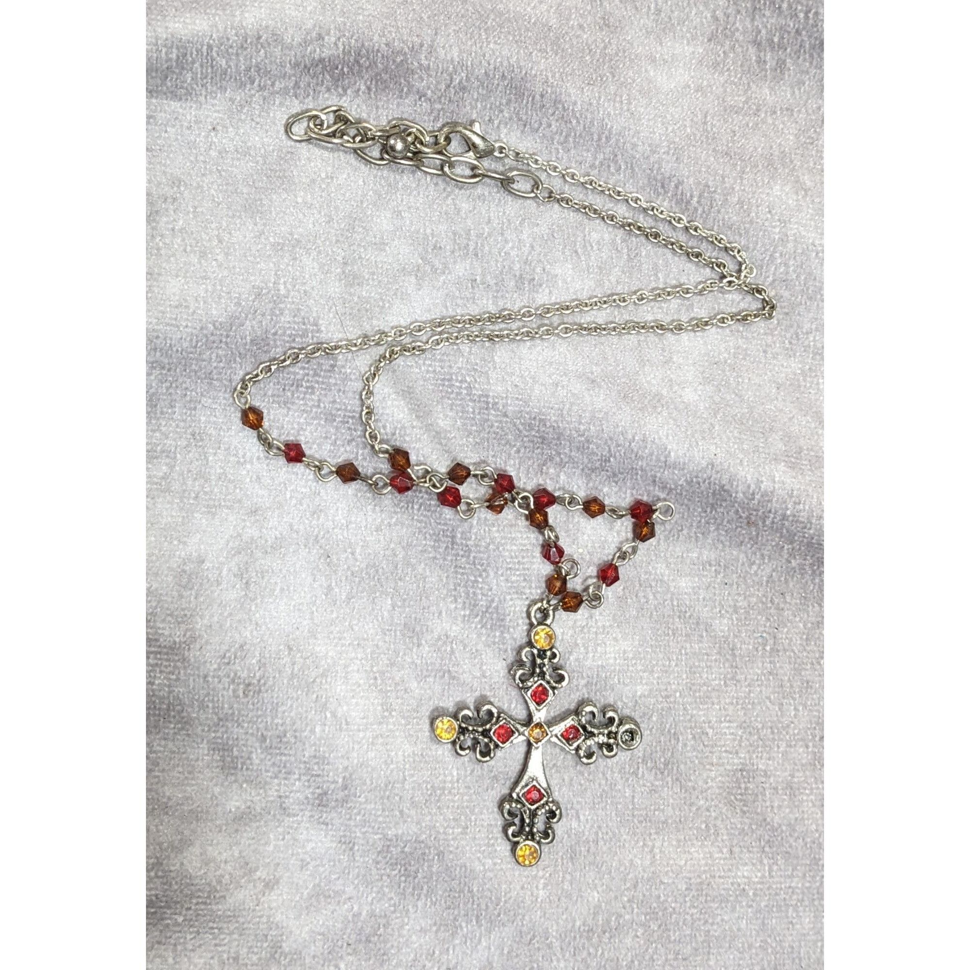 Other Gothic Medieval Red And Yellow Beaded Silver Tone Cross Neck Size ONE SIZE - 6 Thumbnail