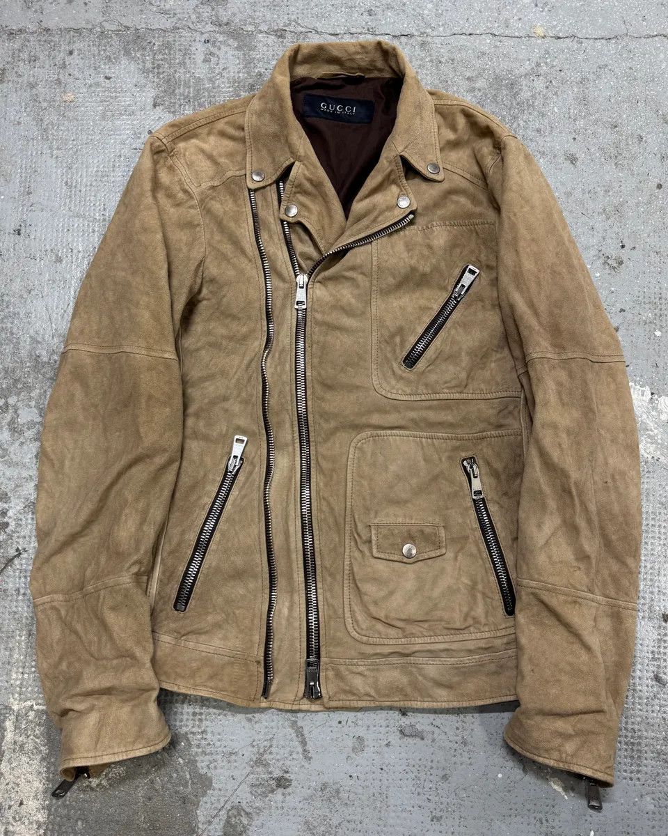 SS2004 Gucci Asymmetrical Multi Zips Biker Beige Suede Leather Jacket