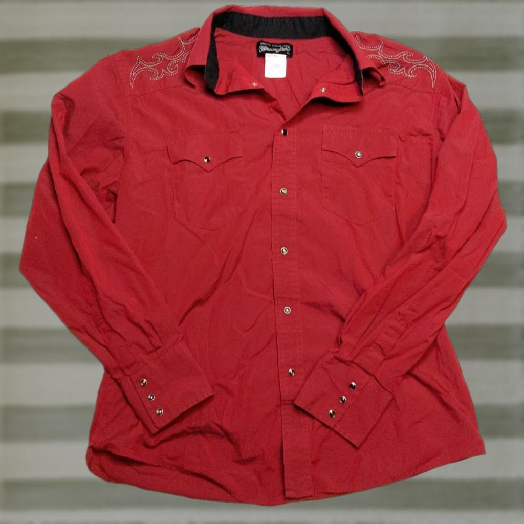 Wrangler VINTAGE Wrangler Mens Large Western Pearl Snap Shirt Embroidered Back Long Sleeve Red Cotton Button-Up Mens Size US L / EU 52-54 / 3 - 1 Thumbnail