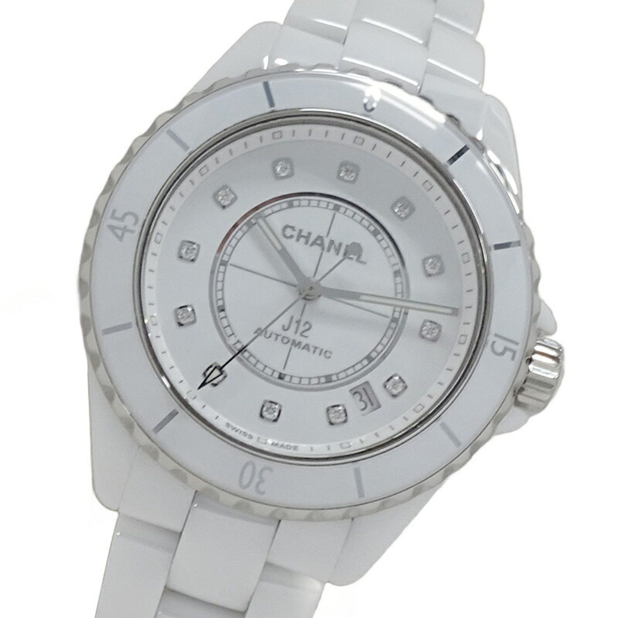 Chanel Watch Men's J12 12P Diamond Date Automatic At White Ceramic Stainless Steel Ss H5705 Polished