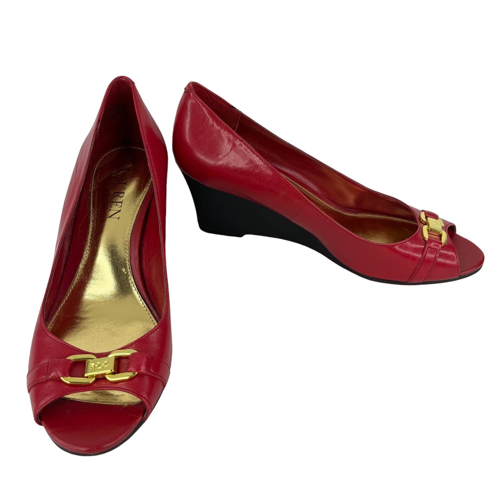 Ralph Laurent Wedges Paula Cherry Red 7.5B Leather Open Toe Shoes, Women's