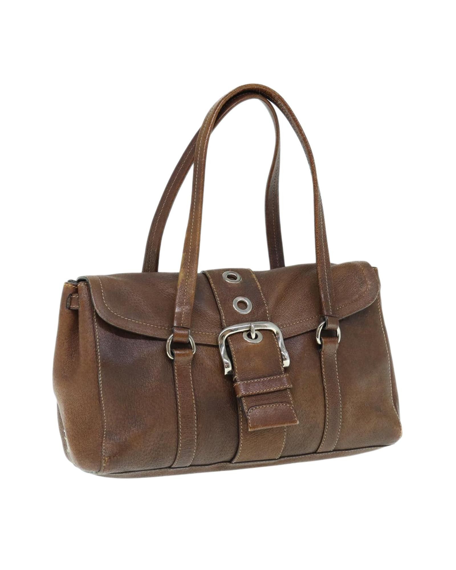 image of Prada Brown Leather Hand Bag With Metal Fittings, Women's