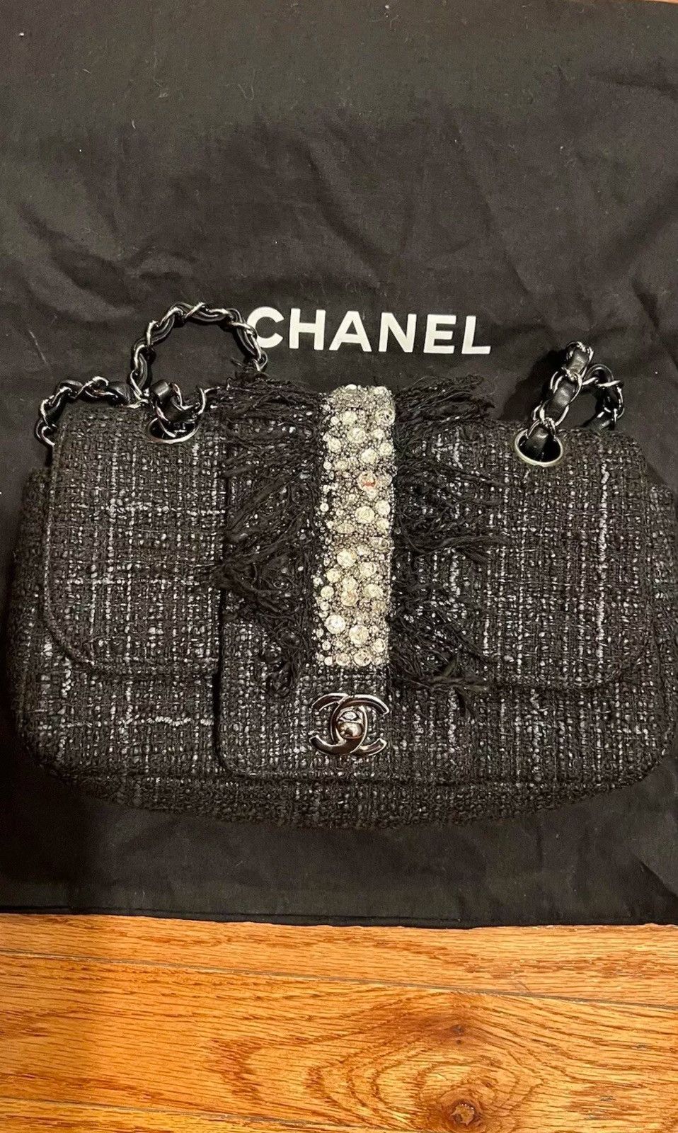 Chanel Chanel Vintage Tweed Fringle Flap Bag Black Rhinestone Size ONE SIZE - 3 Thumbnail