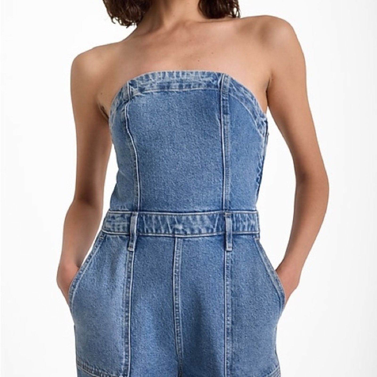 Express Express Strapless Wide Leg Cargo Denim Jumpsuit Womens 12 Size 34" / US 12 / IT 48 - 2 Thumbnail