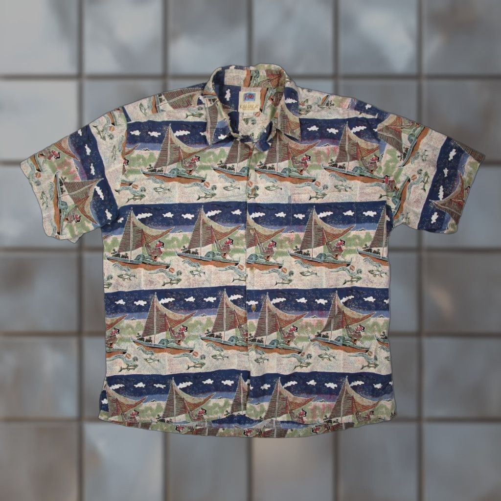 Kahala Avi Collection Hawaiian Shirt Mens Extra Large Beige Short Sleeve Button Up Nautical Cotton