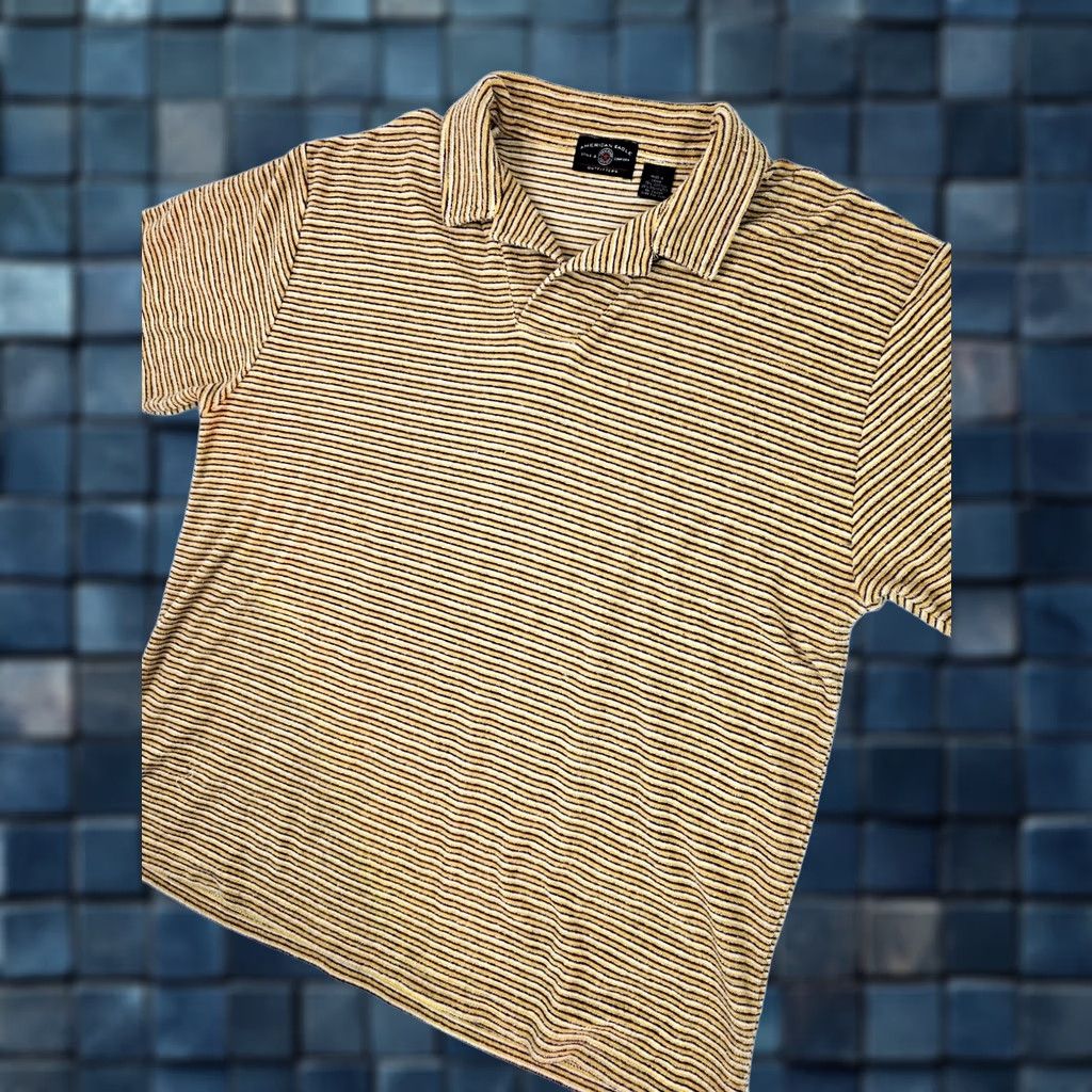American Eagle Outfitters VINTAGE American Eagle Polo Shirt Men L Yellow Striped Chenille Terry Plush Earthy Old School Logo AE MENS Polo Size US L / EU 52-54 / 3 - 1 Thumbnail