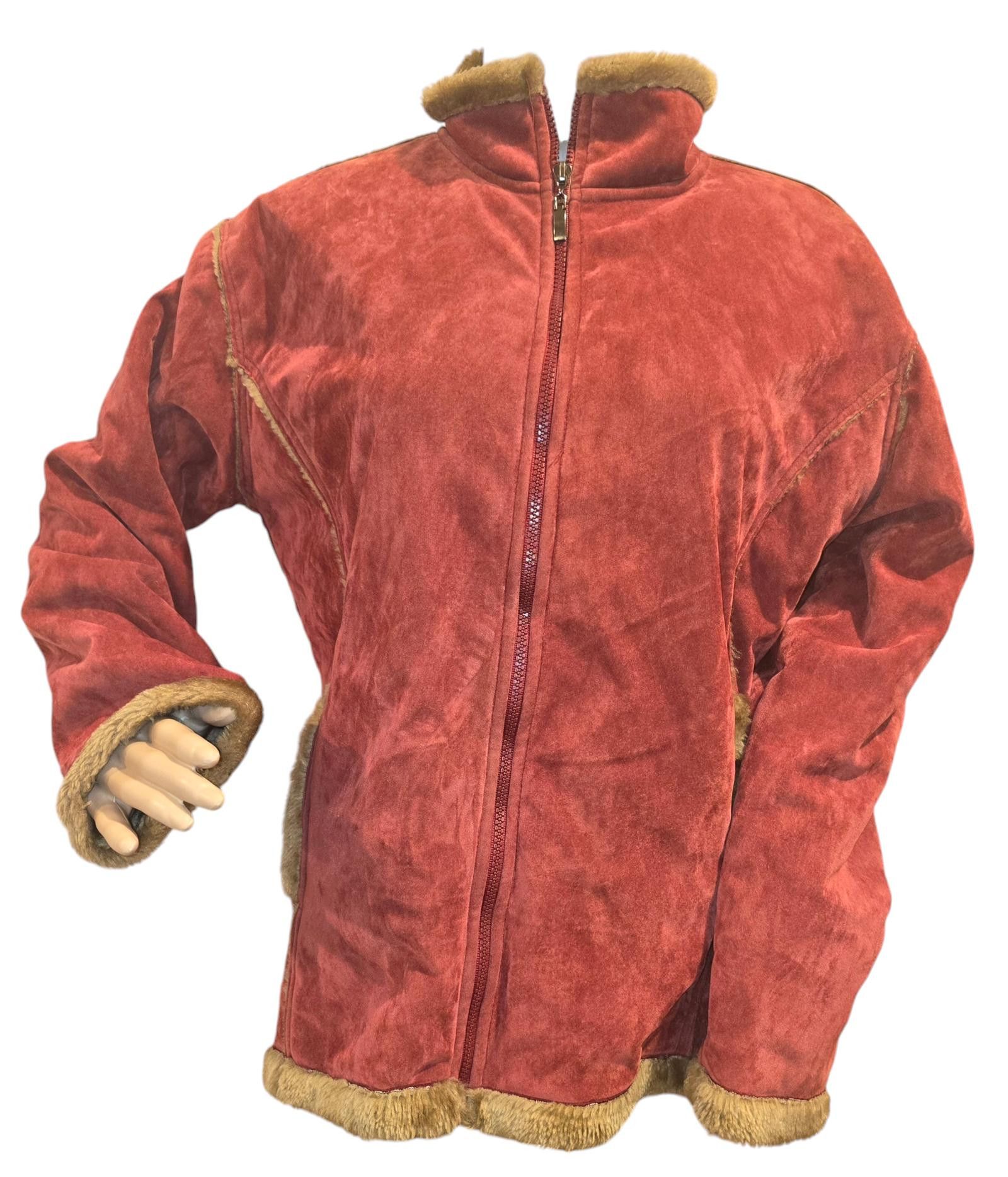 Designer Vintage Red Suede Zip-Up Jacket with Faux Fur Trim Size XL / US 12-14 / IT 48-50 - 1 Thumbnail