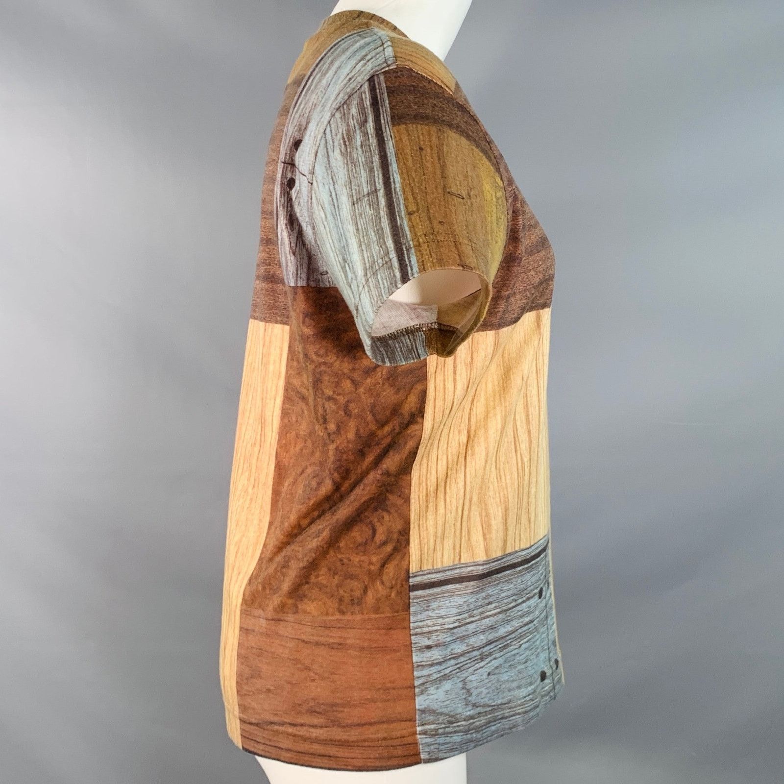 Todd Oldham 1980s M Brown Blue Polyester Patchwork Wood Grain T-Shirt Size M / US 6-8 / IT 42-44 - 2 Thumbnail