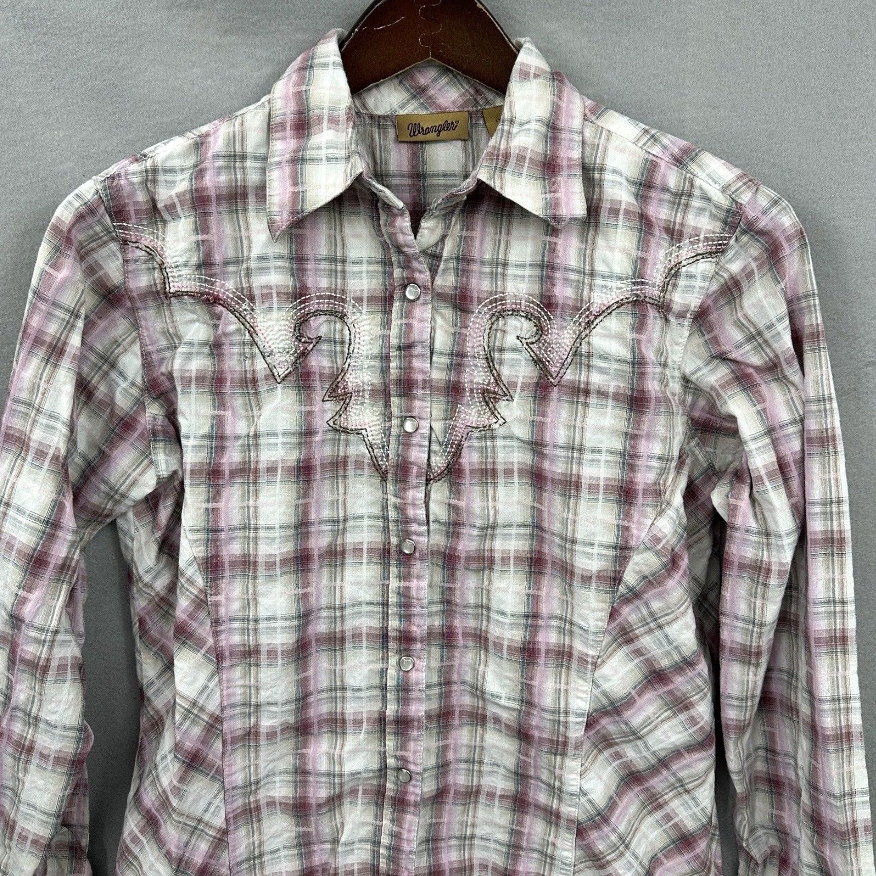 Wrangler Wrangler Shirt Women's Small Pink Plaid Western Pearl Snap Embroidered Slim Button-Up Western 50s/60s Style Mens? Size S / US 4 / IT 40 - 2 Thumbnail