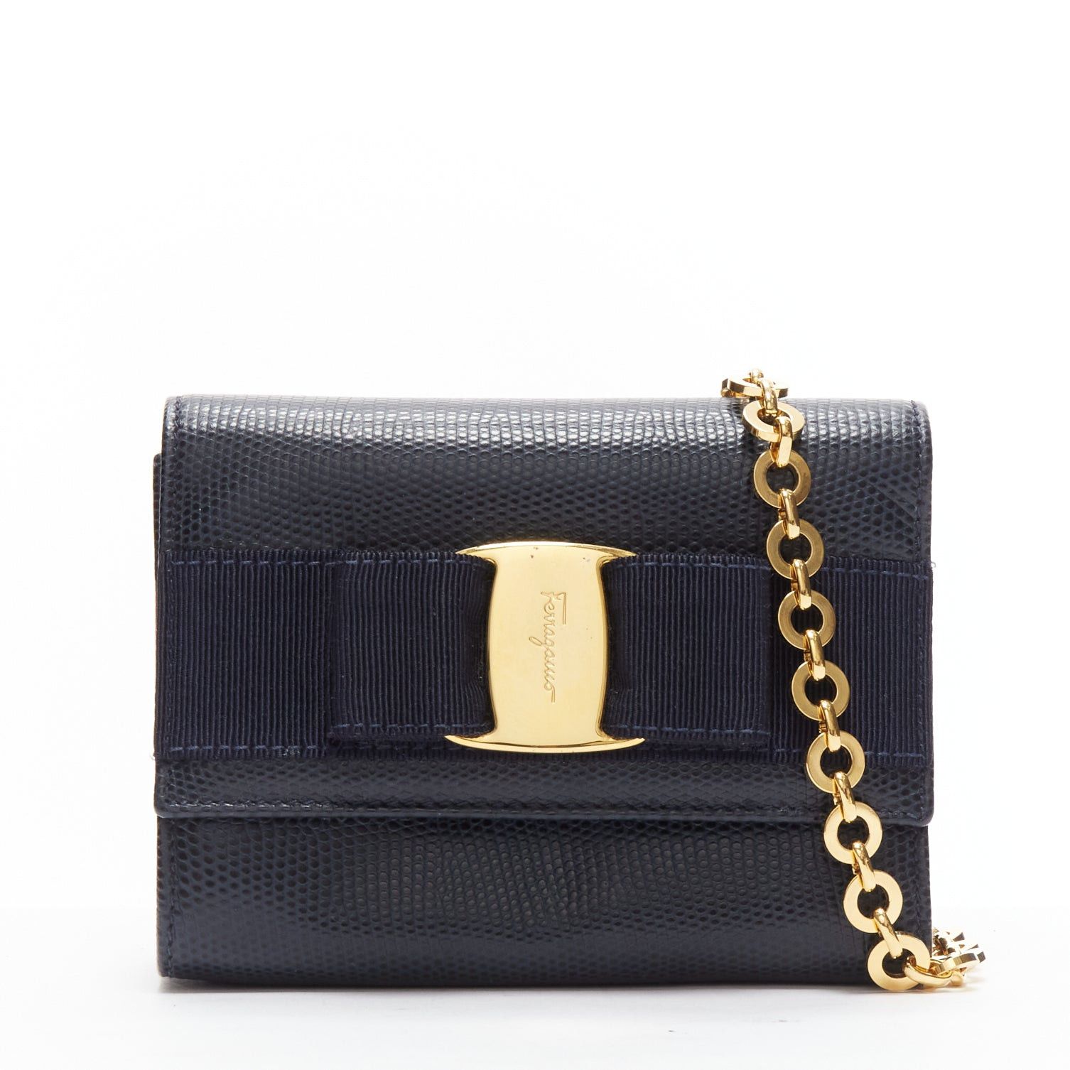 Salvatore Ferragamo SALVATORE FERRAGAMO Vara Bow black scaled leather gold chain shoulder waist bag Size ONE SIZE - 1 Thumbnail