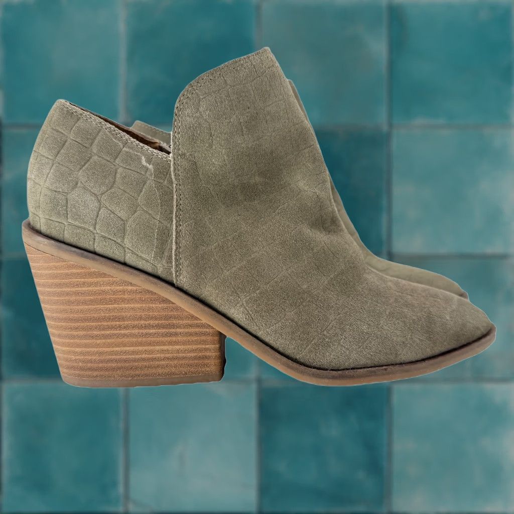 Lucky Brand Lucky Brand Tie Womens Khaki Green Ankle Leather Upper Croc Heeled Booties Saucie Size US 7 / IT 37 - 1 Thumbnail