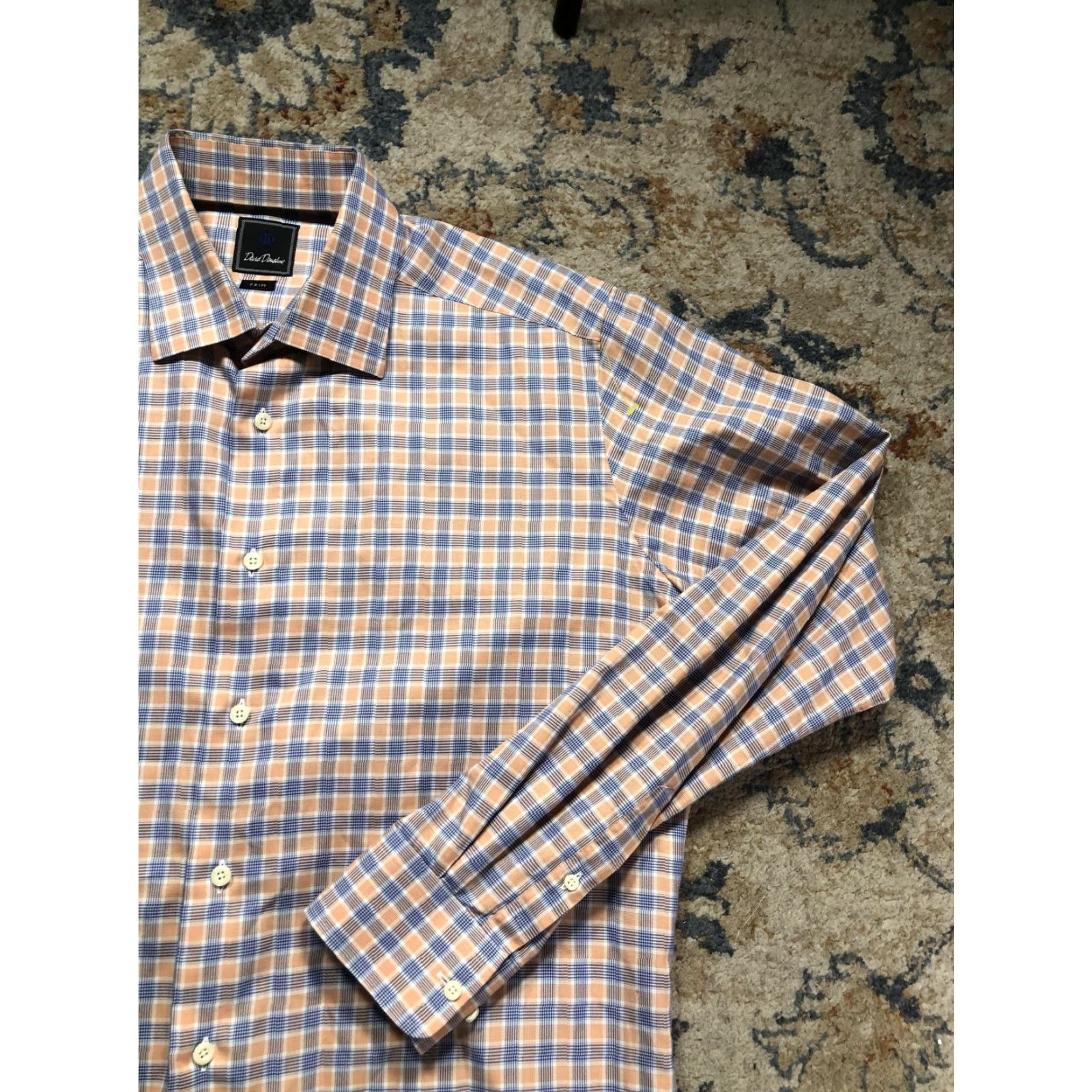 David Donahue David Donahue Dress Shirt Mens 17 36/37 Orange Plaid Long Sleeve Trim Fit Shirt Size 46R - 4 Thumbnail