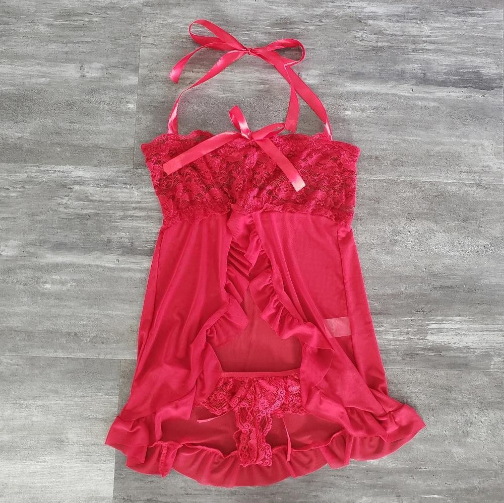 Designer Red Ruffled Lingerie Nightie w/Panty Size ONE SIZE - 1 Thumbnail