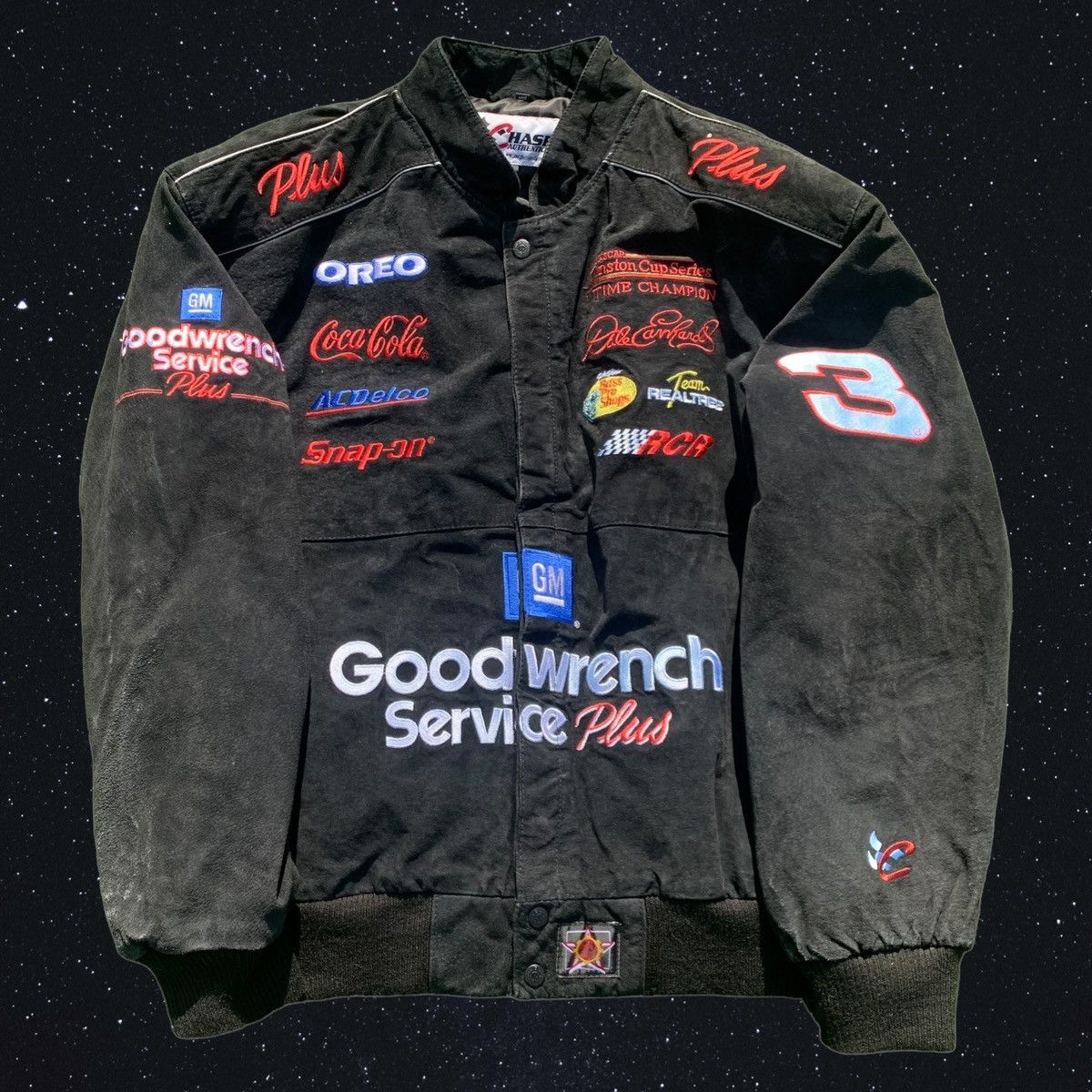 Image of Chase Authentics x Nascar Vintage Suede Dale Earnhardt Nascar Jacket in Black, Men's (Size XL)