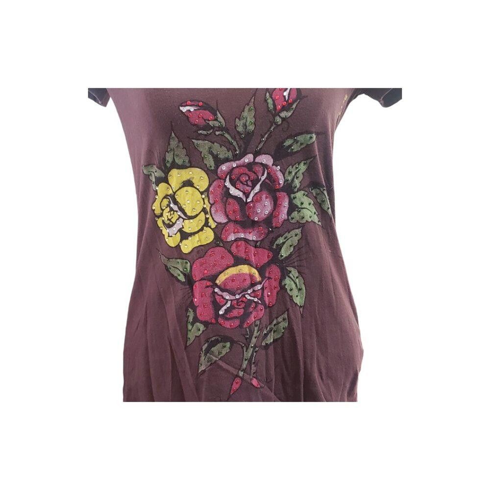 Designer CT1804 Ed Hardy Brown T=shirt with Studded Rose XS Size XS / US 0-2 / IT 36-38 - 3 Thumbnail