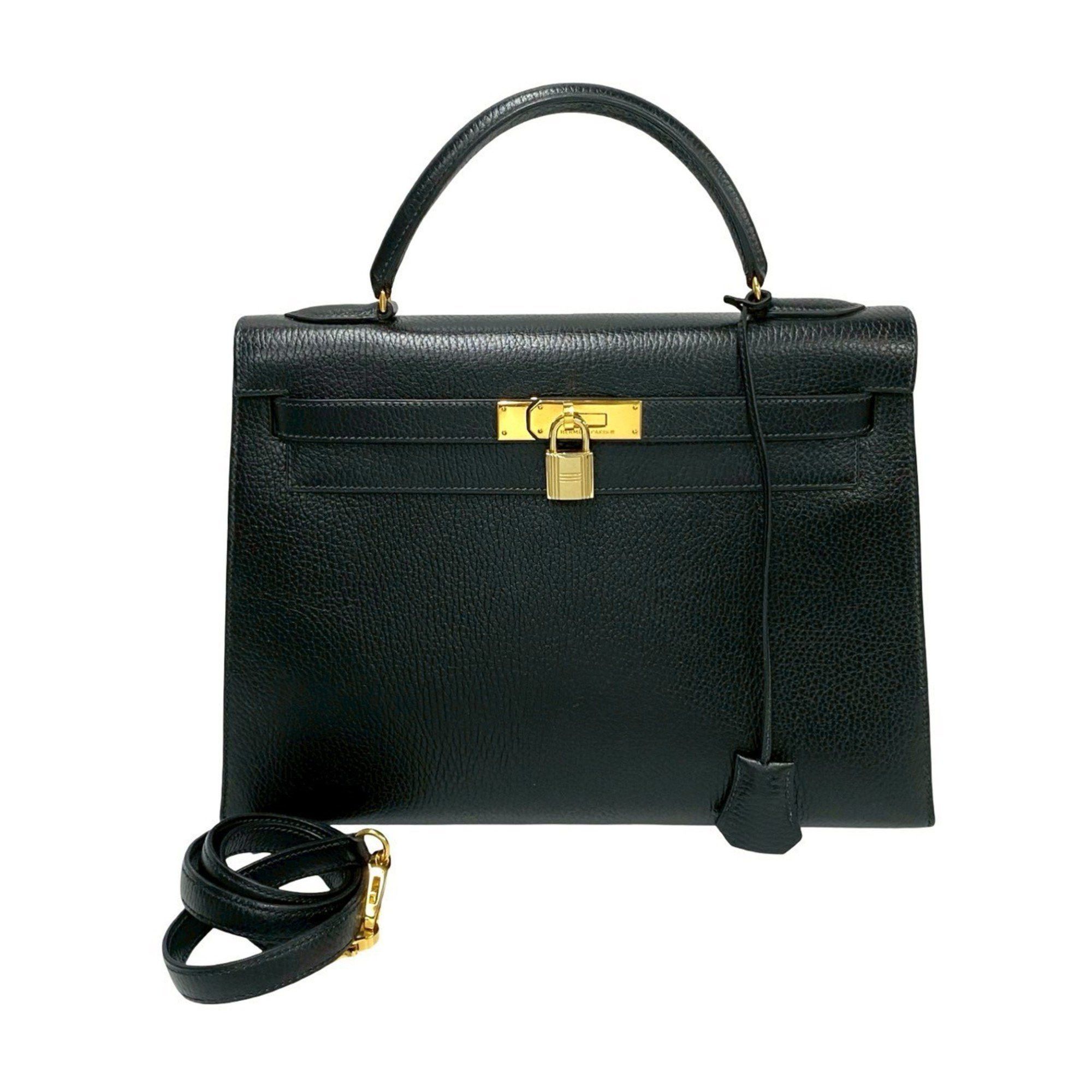 HERMES Kelly 32 Ardennes Leather 2-Way Handbag/Shoulder Bag, Black