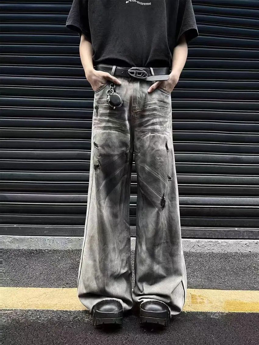 Designer × Japanese Brand Faded color washed dirty wash ripped design wide leg jeans Size US 33 - 3 Thumbnail