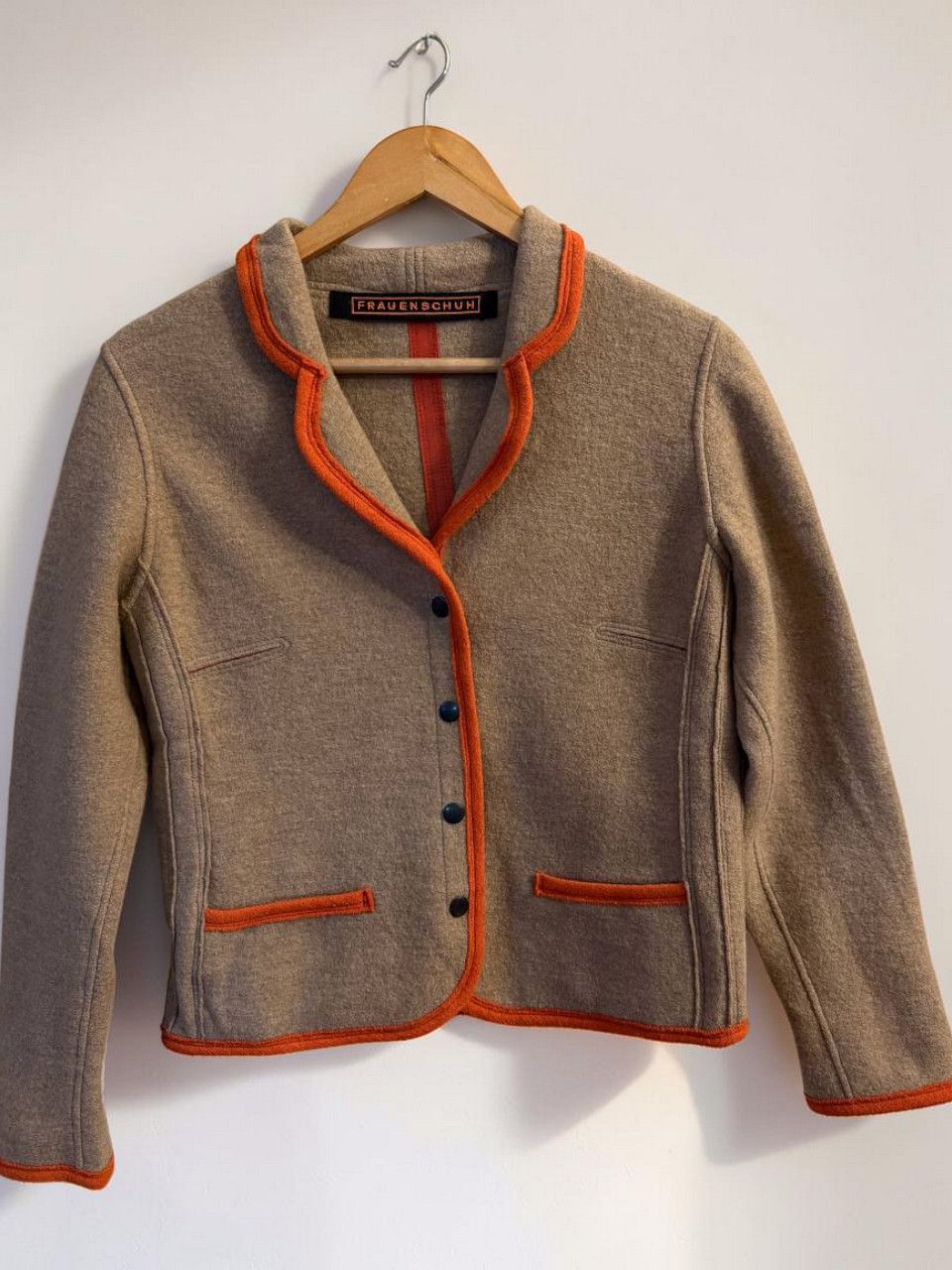 Frauenschuh Fragenshuh Wool Jacket Beige Orange Trim Size S / US 4 / IT 40 - 3 Thumbnail