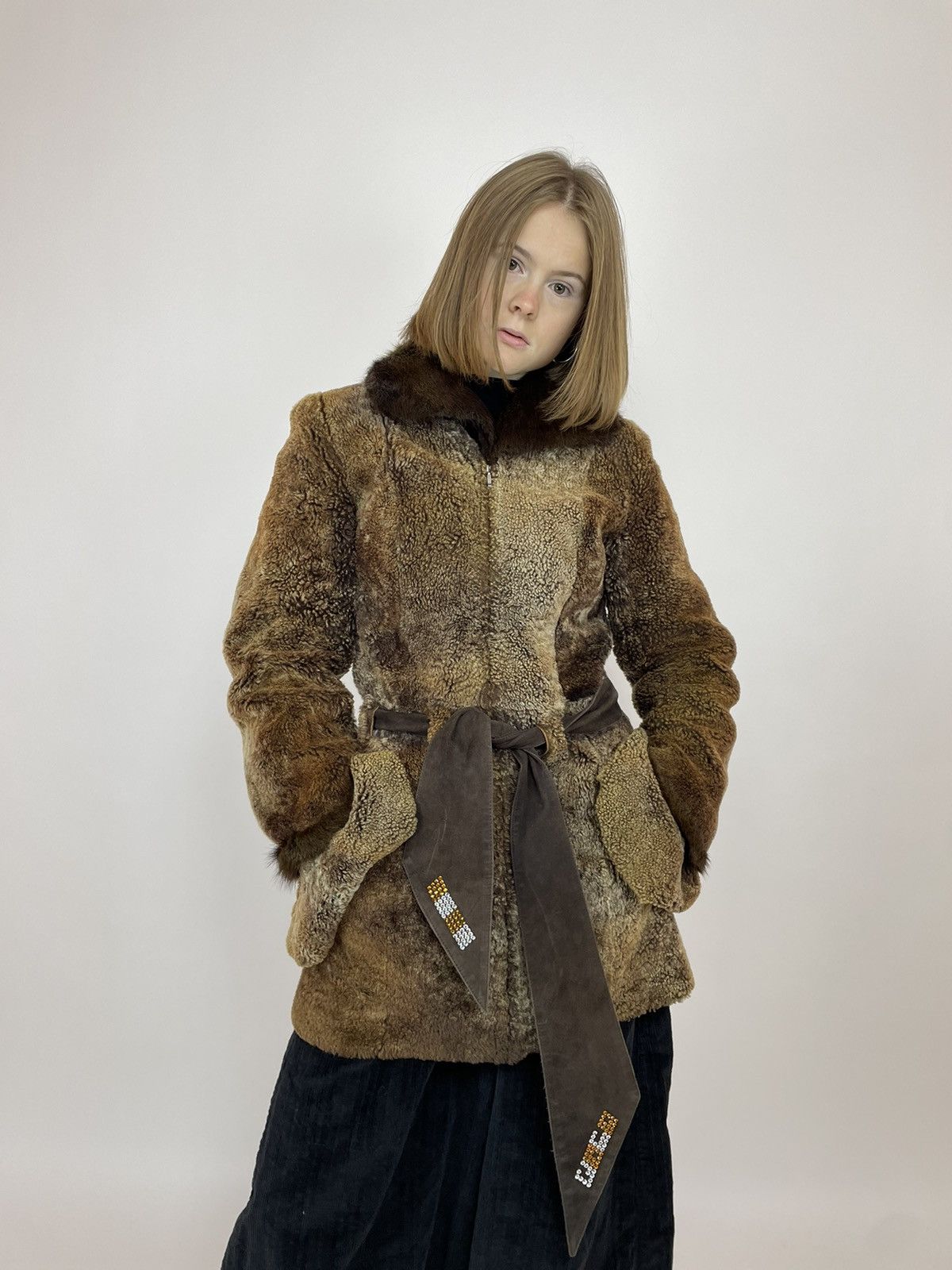 image of Vintage Women's Belted Fur Coat Doneti Size S in Brown