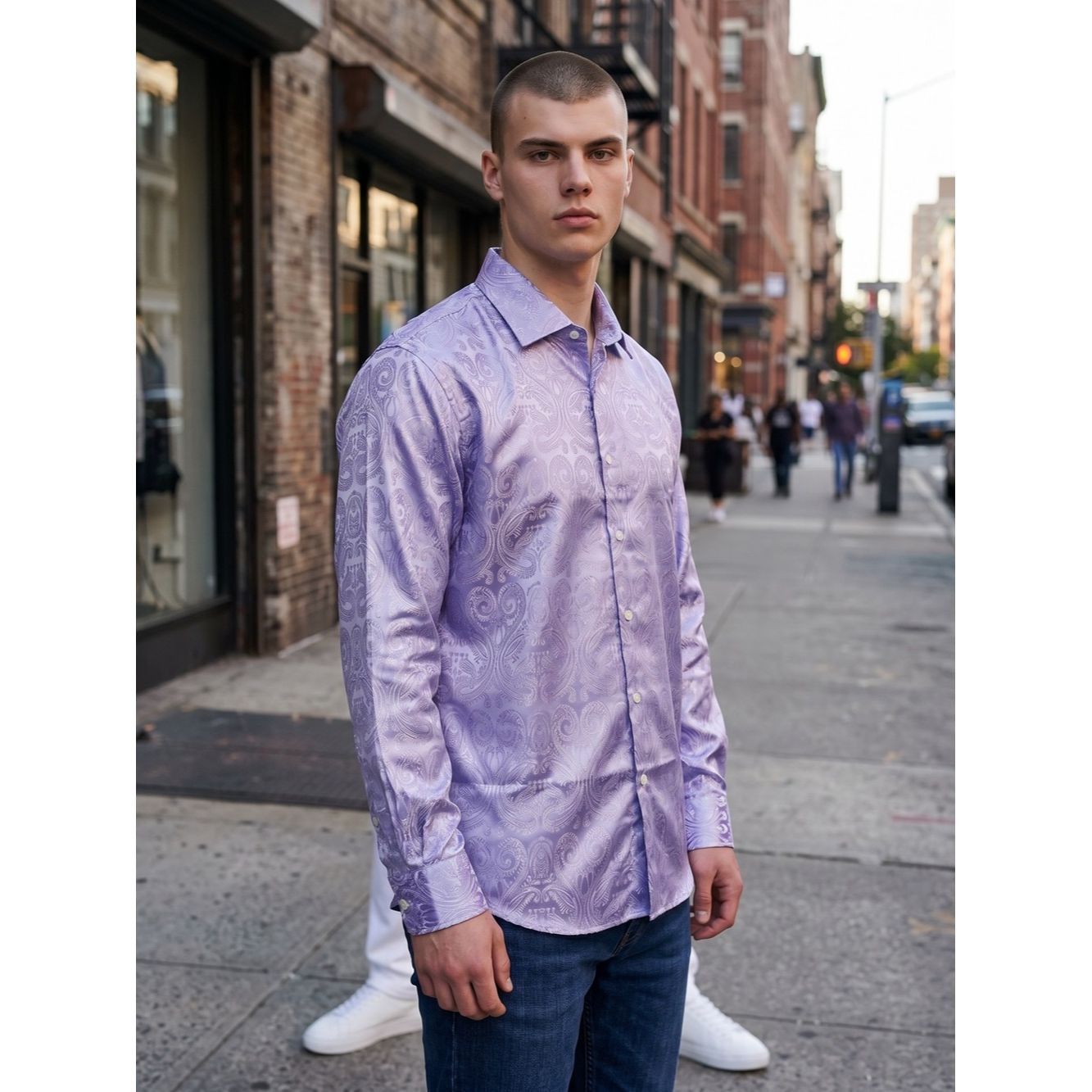 Other NWT New DiBanGu Silk Blend Paisley Long Sleeve Lavender Shi Size US L / EU 52-54 / 3 - 1 Thumbnail