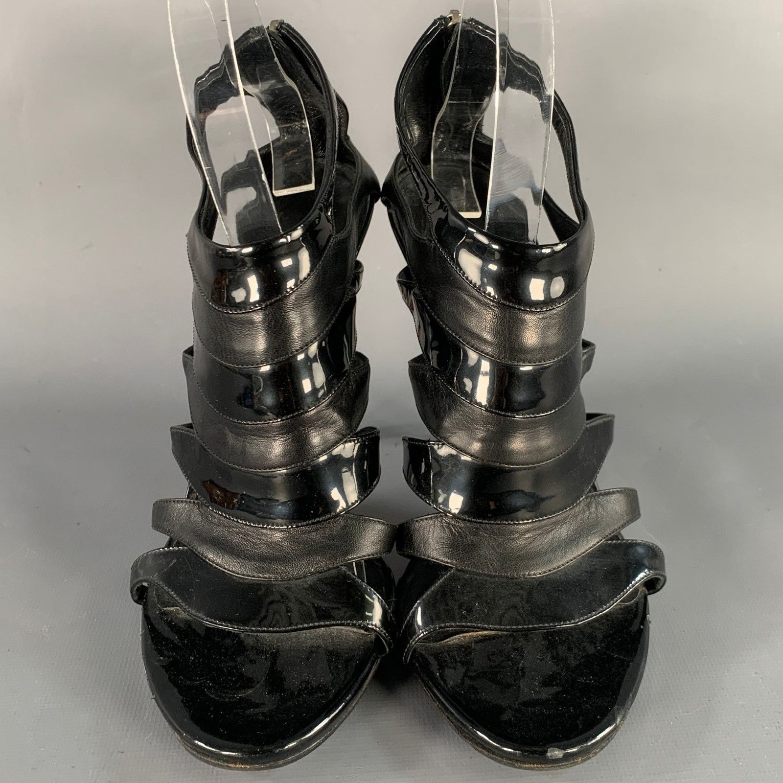 Gucci Black Leather Patent Leather Back Zipper Cage Sandals Size US 9.5 / IT 39.5 - 4 Thumbnail