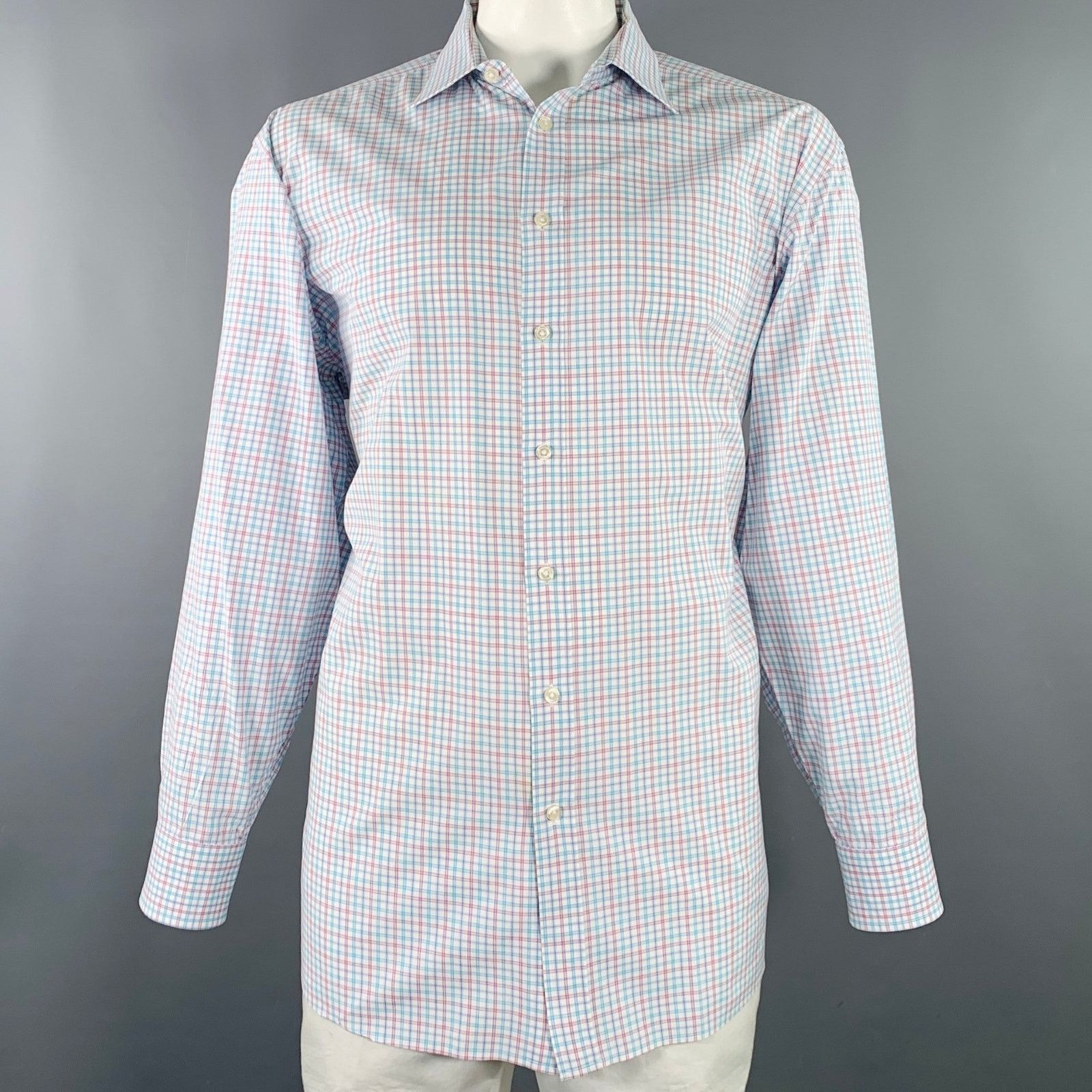 Size XL White Red Blue Checkered Cotton Long Sleeve Shirt