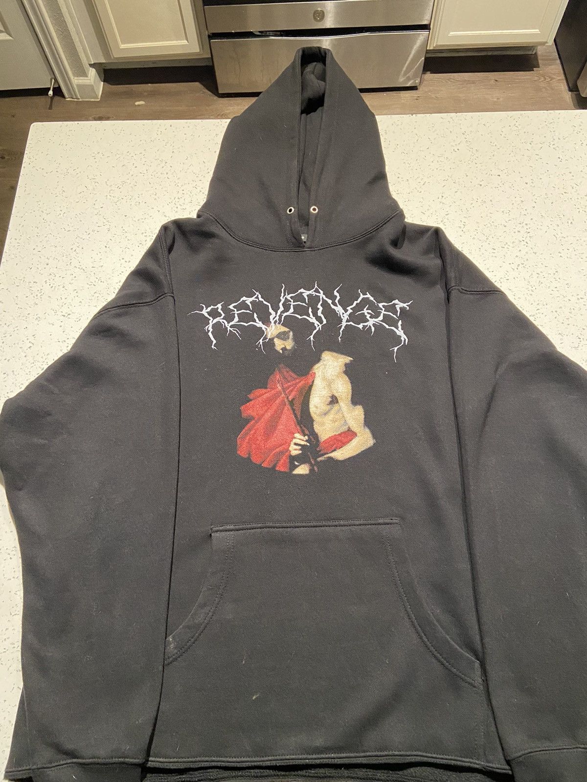 image of Revenge OG Angel Broken Jesus Hoodie in Black, Men's (Size XL)