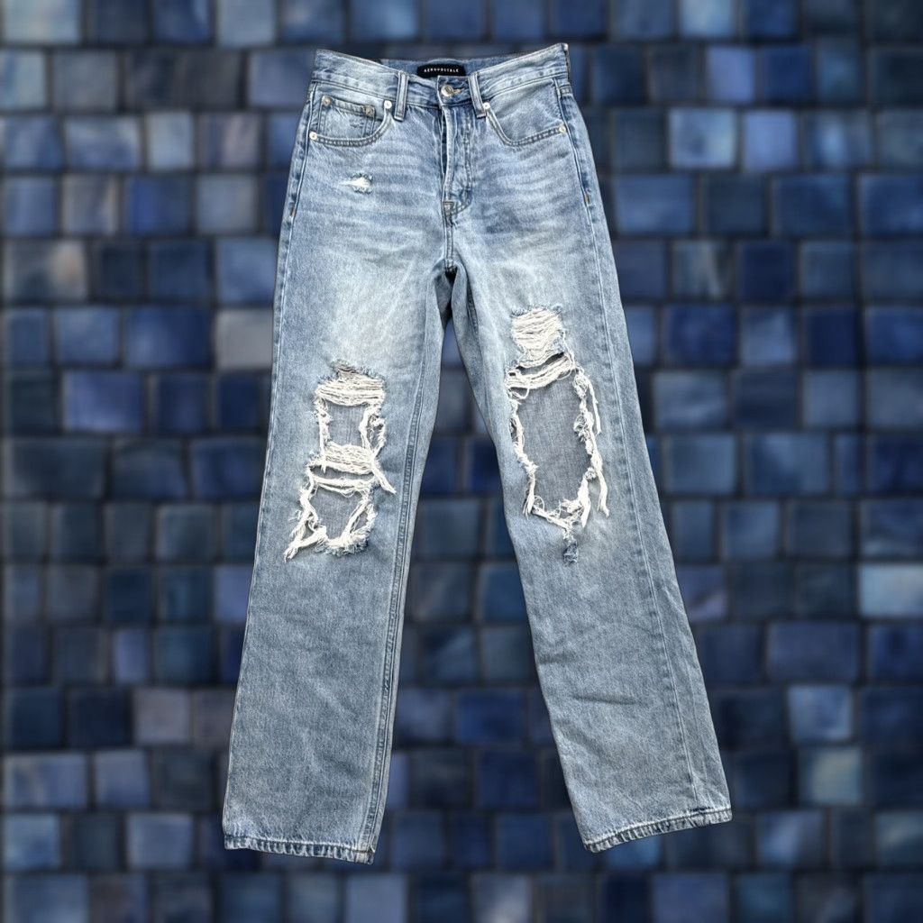 Vintage Aéropostale Jeans Women High Rise Straight Distressed Button Fly Size 0 Blue Denim Stretch 5-Pocket 90s Theme Size 25" / US 0 / IT 36 - 1 Thumbnail
