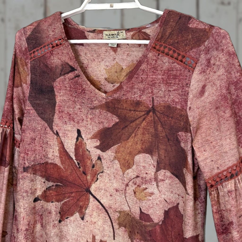 Vintage VINTAGE One World Charming Art Tunic Shift Dress Womens Medium Rust Leaf Print V-Neck Long Balloon Sleeve Crochet Detail Stretch Size M / US 6-8 / IT 42-44 - 1 Thumbnail