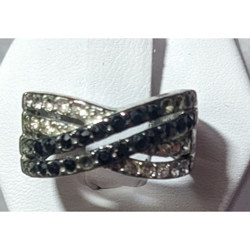 Other Black And Silver Quadruple Line Crisscross Rhinestone Ring S Size ONE SIZE - 1 Thumbnail