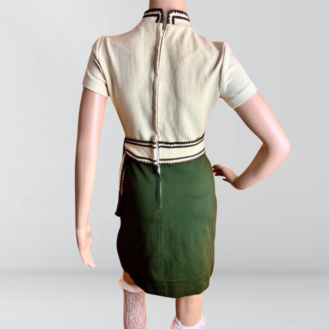 Vintage 1960s Cream & Olive Mock Neck Mod Dress
