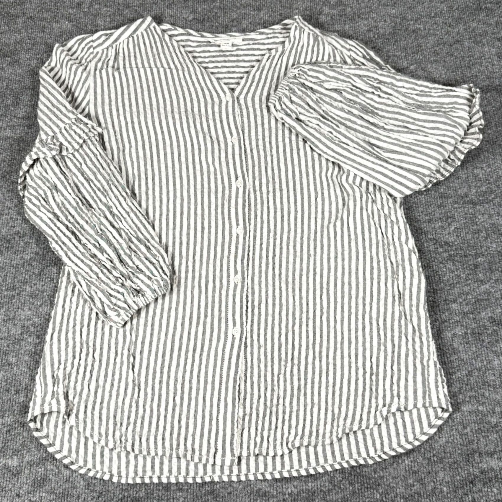 Vintage Beach Lunch Lounge Button-Up Blouse Striped Ruffle Puff Sleeve V-Neck White Medium Women Shirt Tunic Resort Beach Linen Blend Size M / US 6-8 / IT 42-44 - 2 Thumbnail