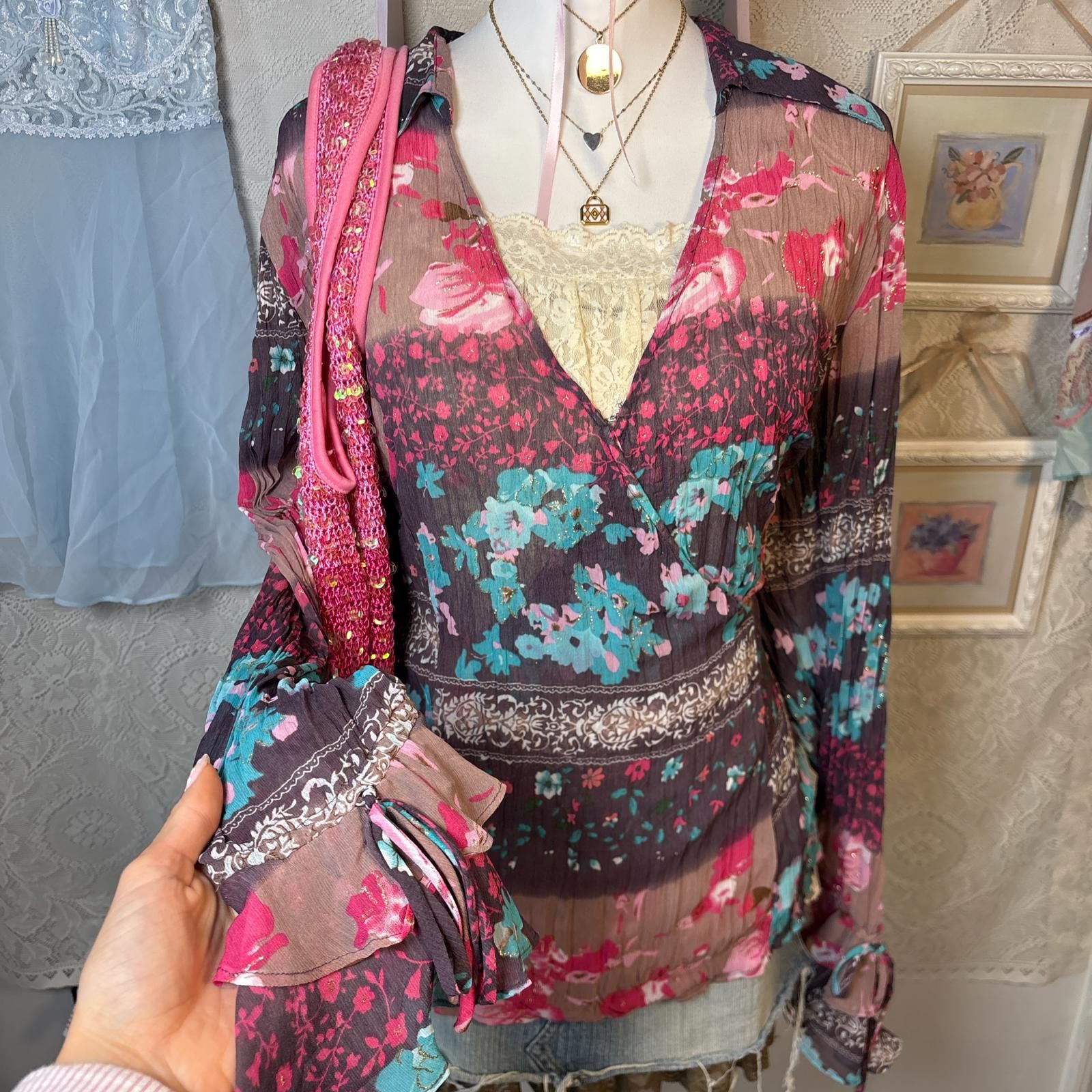 Other vintage silky fairy core floral blouse Size XL / US 12-14 / IT 48-50 - 2 Thumbnail