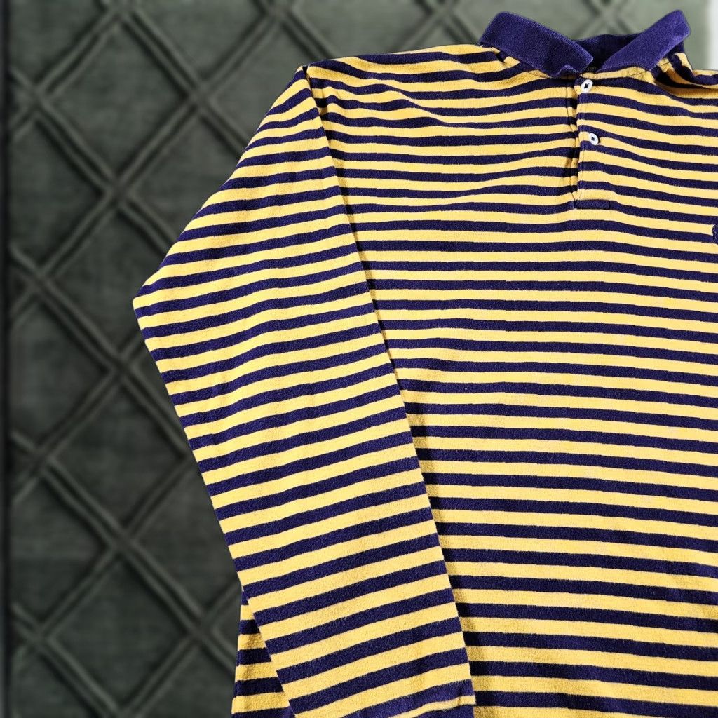 Polo Ralph Lauren Polo Shirt Mens M Long Sleeve Striped Cotton Purple Yellow Neck Collared