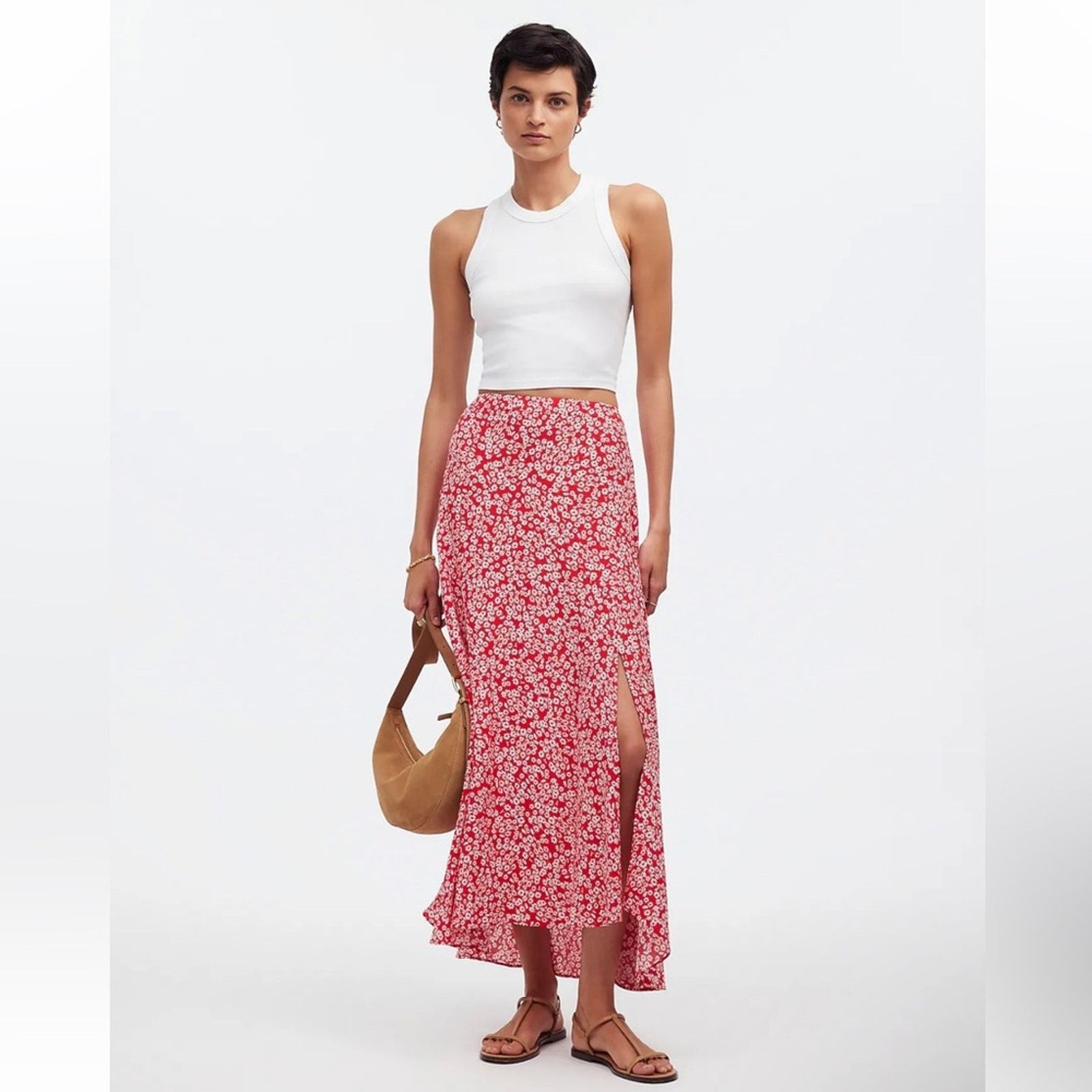 Madewell Midi Slip Side Slit Skirt in Red & White Floral XS