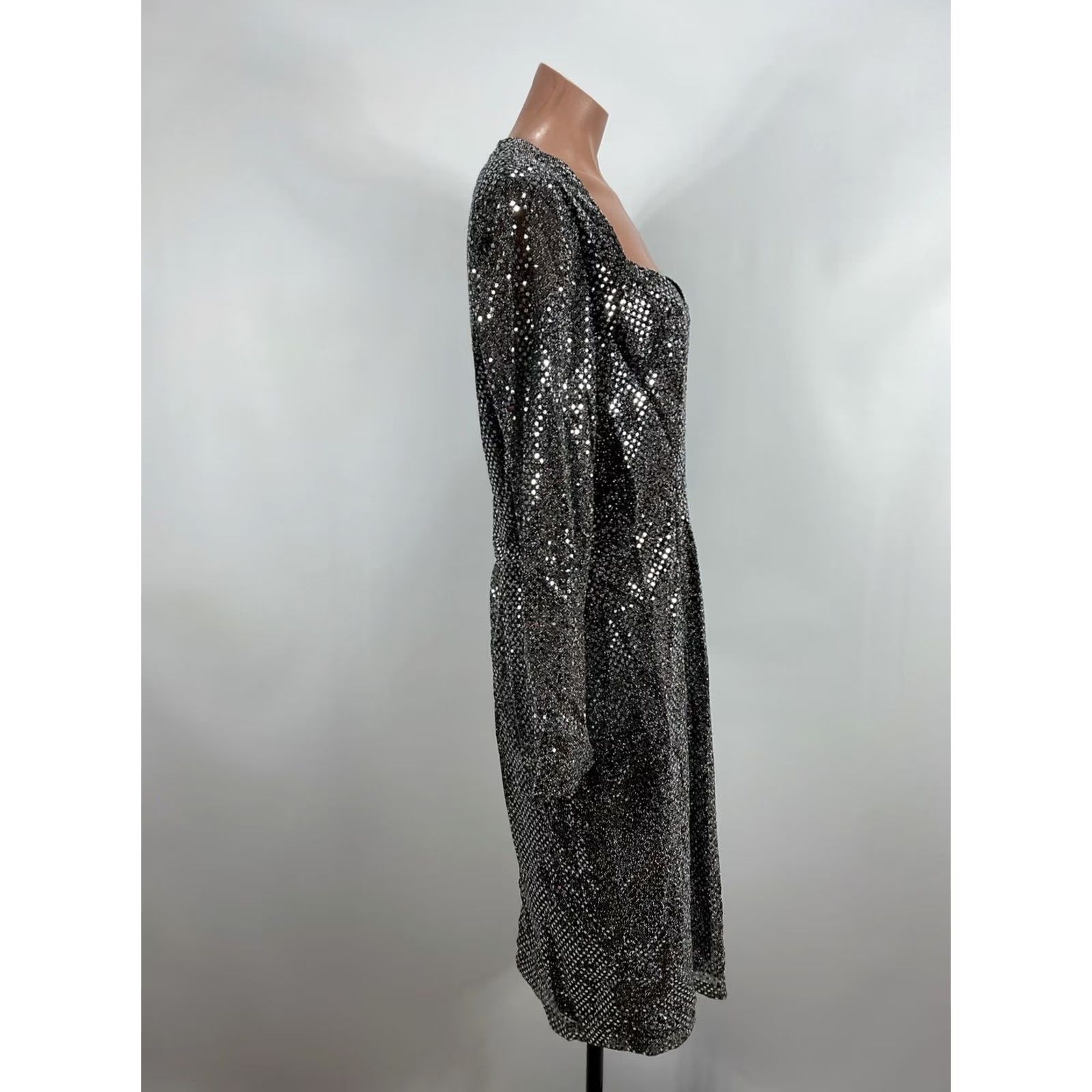 Vintage VTG 80s Handmade Silver Sequin Lamé Illusion Sleeve PROM Evening NYE Dress M/L Dress Size M / US 6-8 / IT 42-44 - 5 Thumbnail