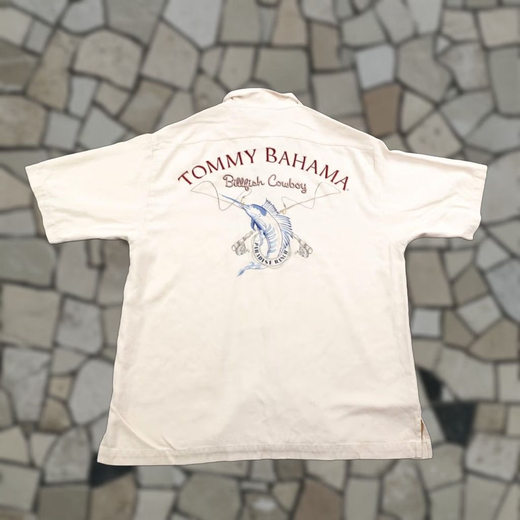 Tommy Bahama Shirt Mens Medium Beige Silk Embroidered Billfish Cowboy Camp Aloha
