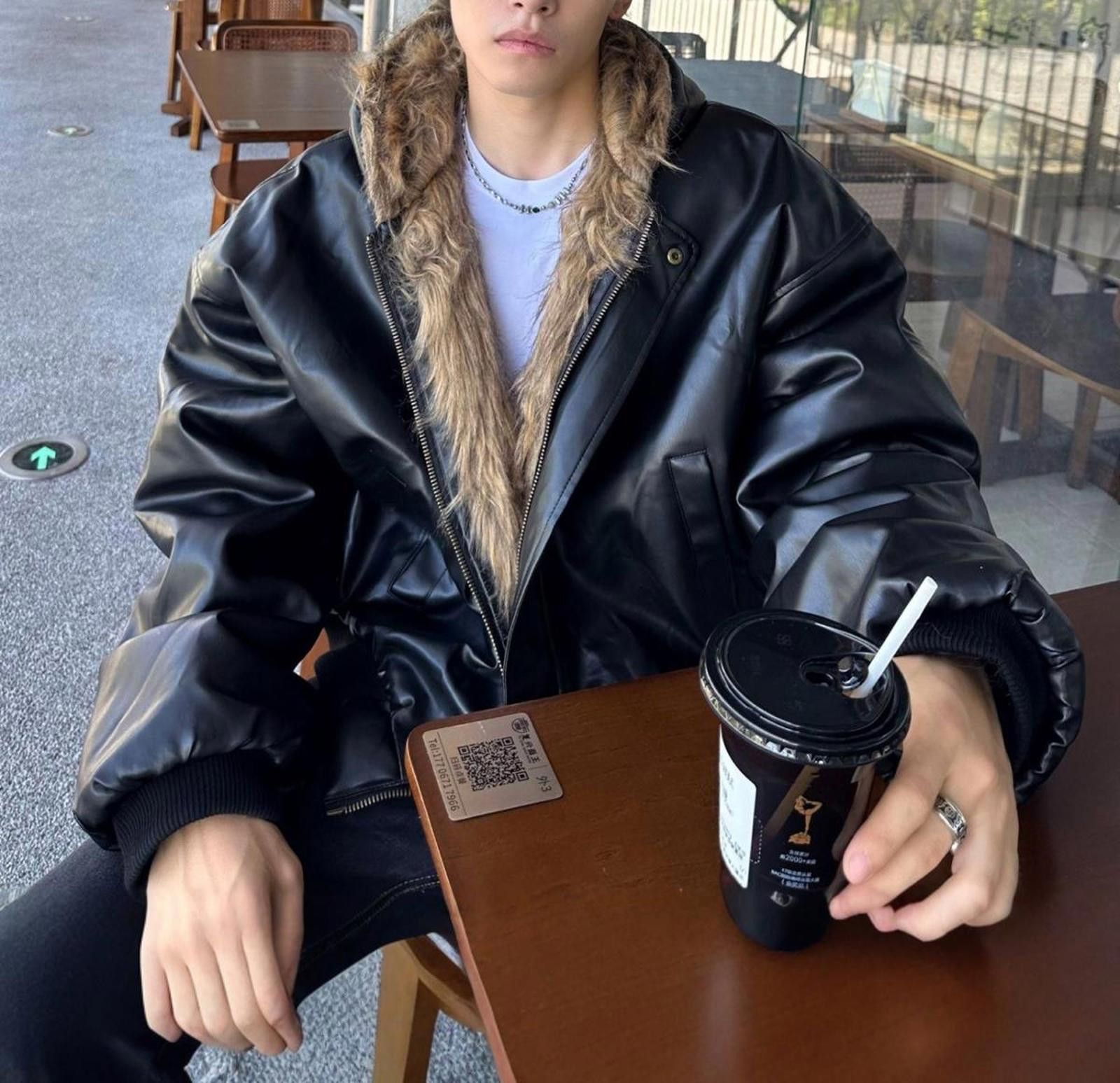 Leather Black Faux Leather Bomber Jacket with Faux Fur Lining Size US L / EU 52-54 / 3 - 1 Thumbnail