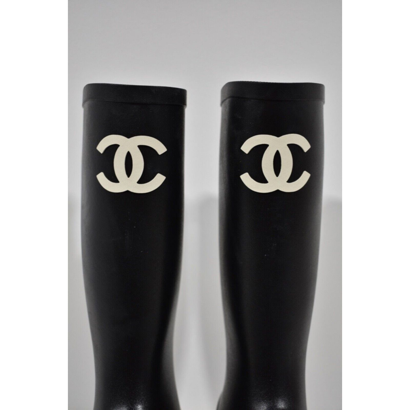 Chanel REV Black White CC Logo High Rubber Rain Boots 35