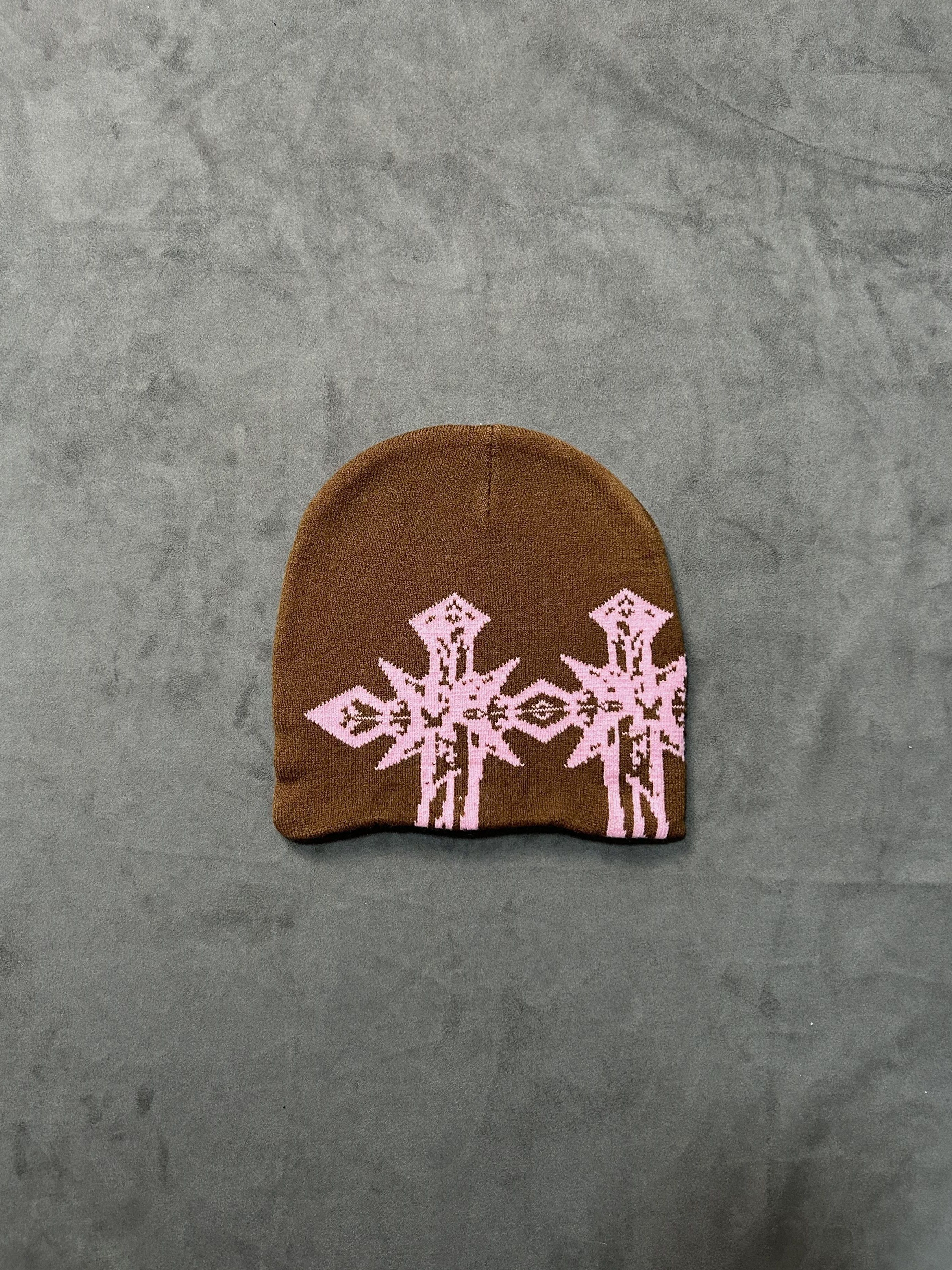 Japanese Brand Rare Double Crosses Graphic No Cuff Knit Beanie Brown Hat OS Size ONE SIZE - 1 Thumbnail