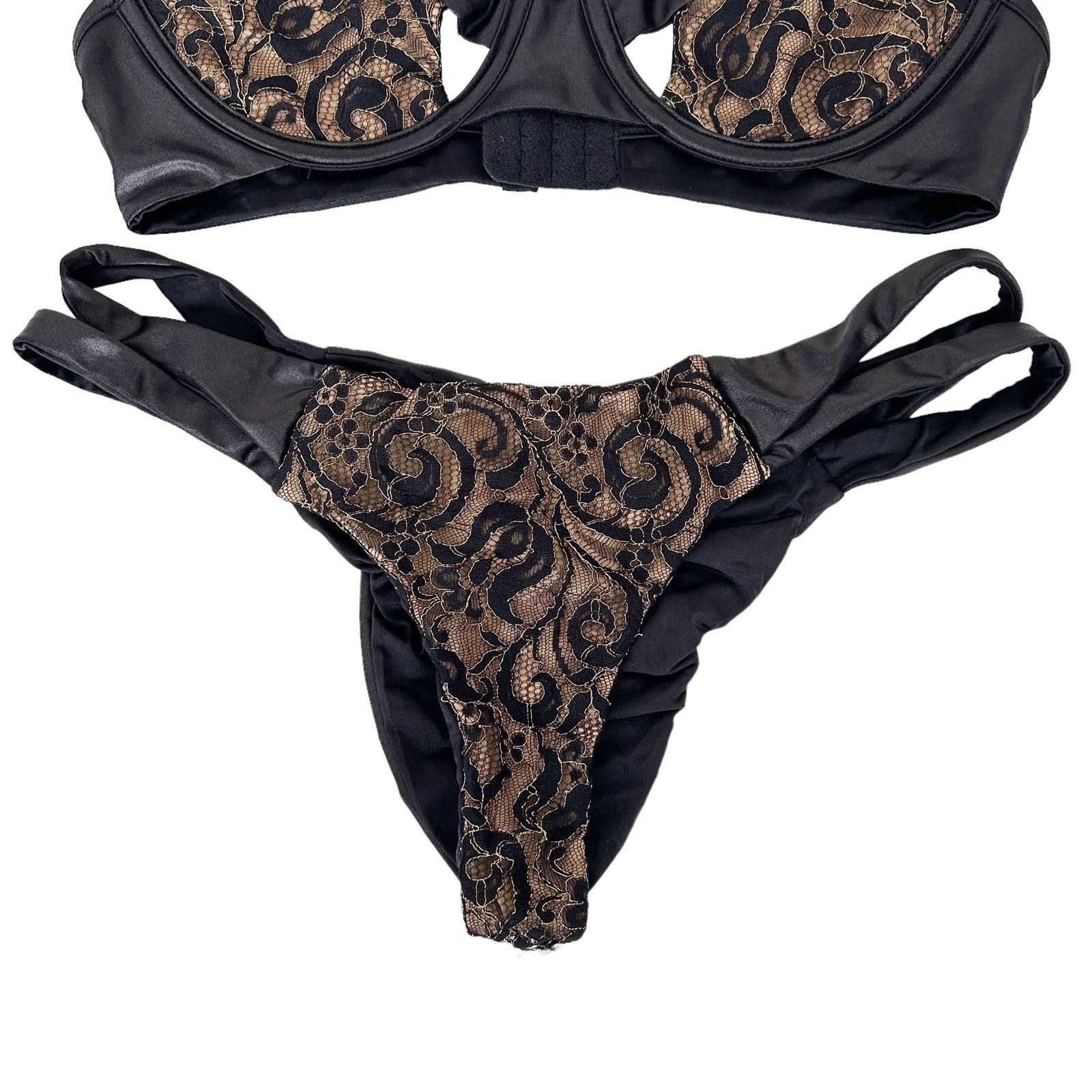 Other Beach Bunny Black Gold Lace Bikini Bathing Suit Sz L Size ONE SIZE - 3 Thumbnail