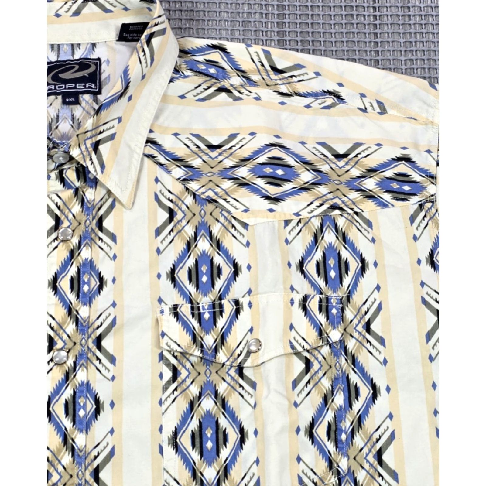 Roper Roper Western Shirt Mens 2XL Tan Blue Pearl Snap Southwestern Aztec Rodeo Ranch Shirt Mens 2XL Blue Geometric Cowboy Western Casual Workwear Mens Size US XXL / EU 58 / 5 - 3 Thumbnail