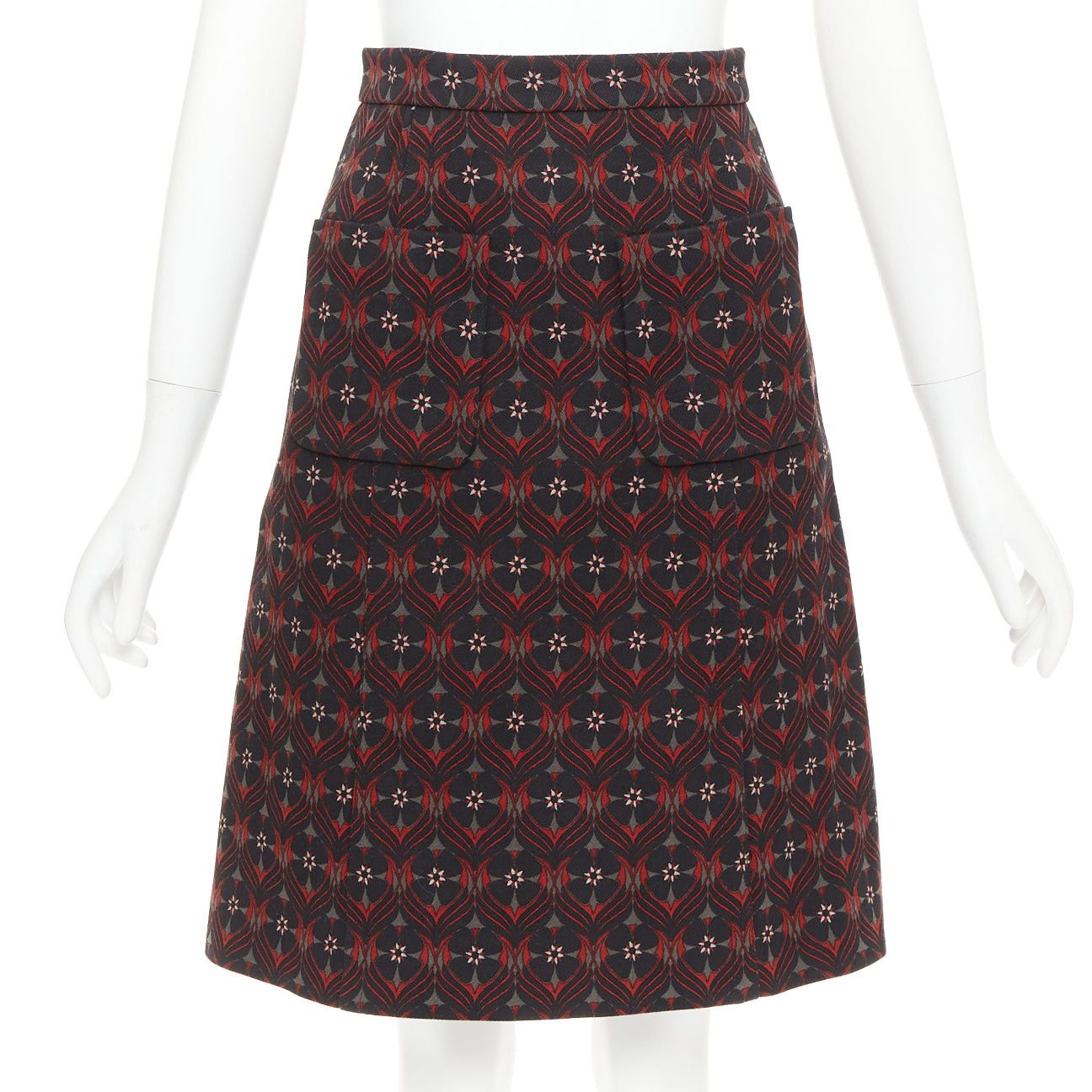 Miu Miu MIU MIU 2015 red khaki floral virgin wool vintage print pocketed A-line skirt IT36 XXS Size 25" / US 0 / IT 36 - 1 Thumbnail