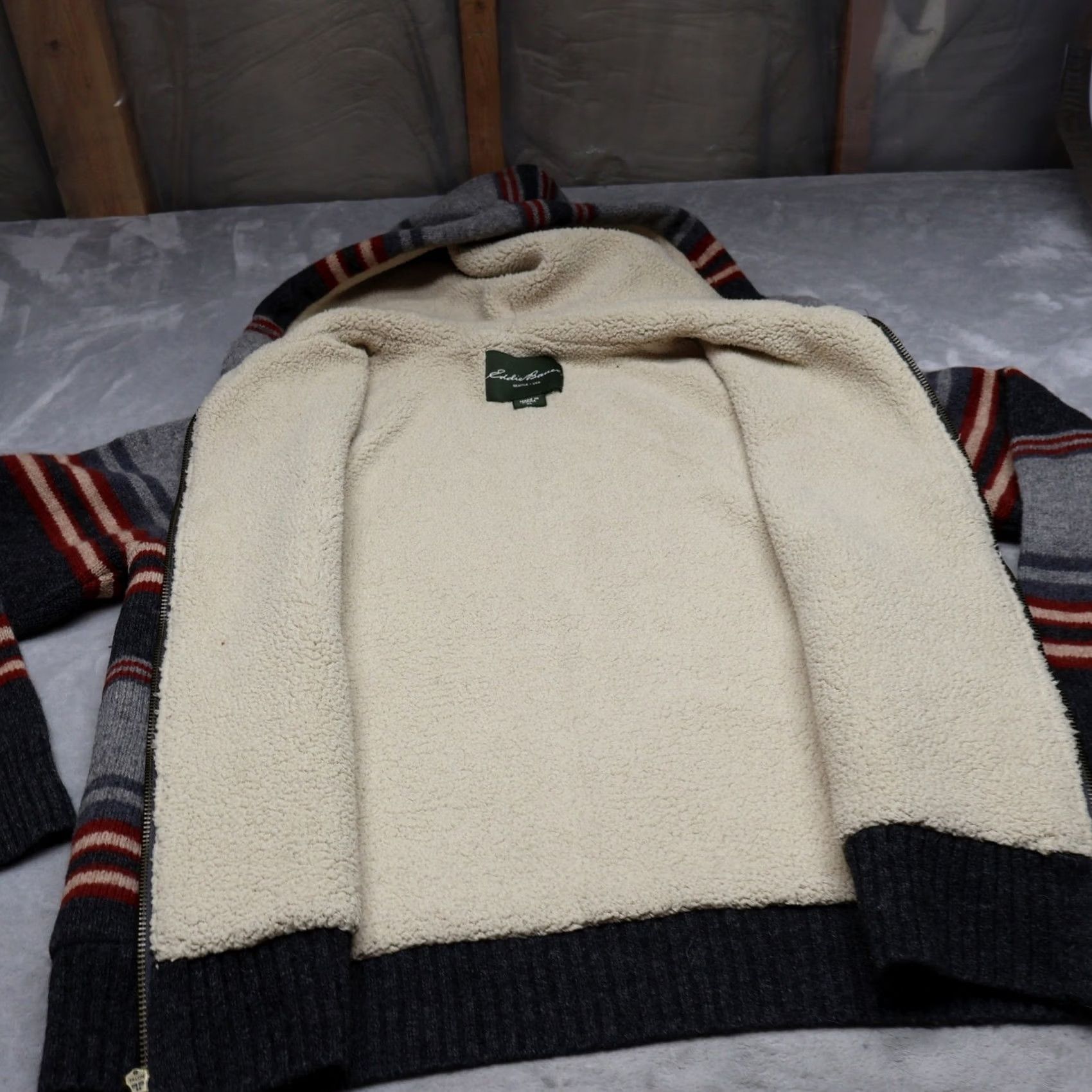 Eddie Bauer Eddie Bauer Hoodie Mens XL Grey Striped Sherpa Lined Wool Blend Knit Full Zip Size US XL / EU 56 / 4 - 6 Thumbnail