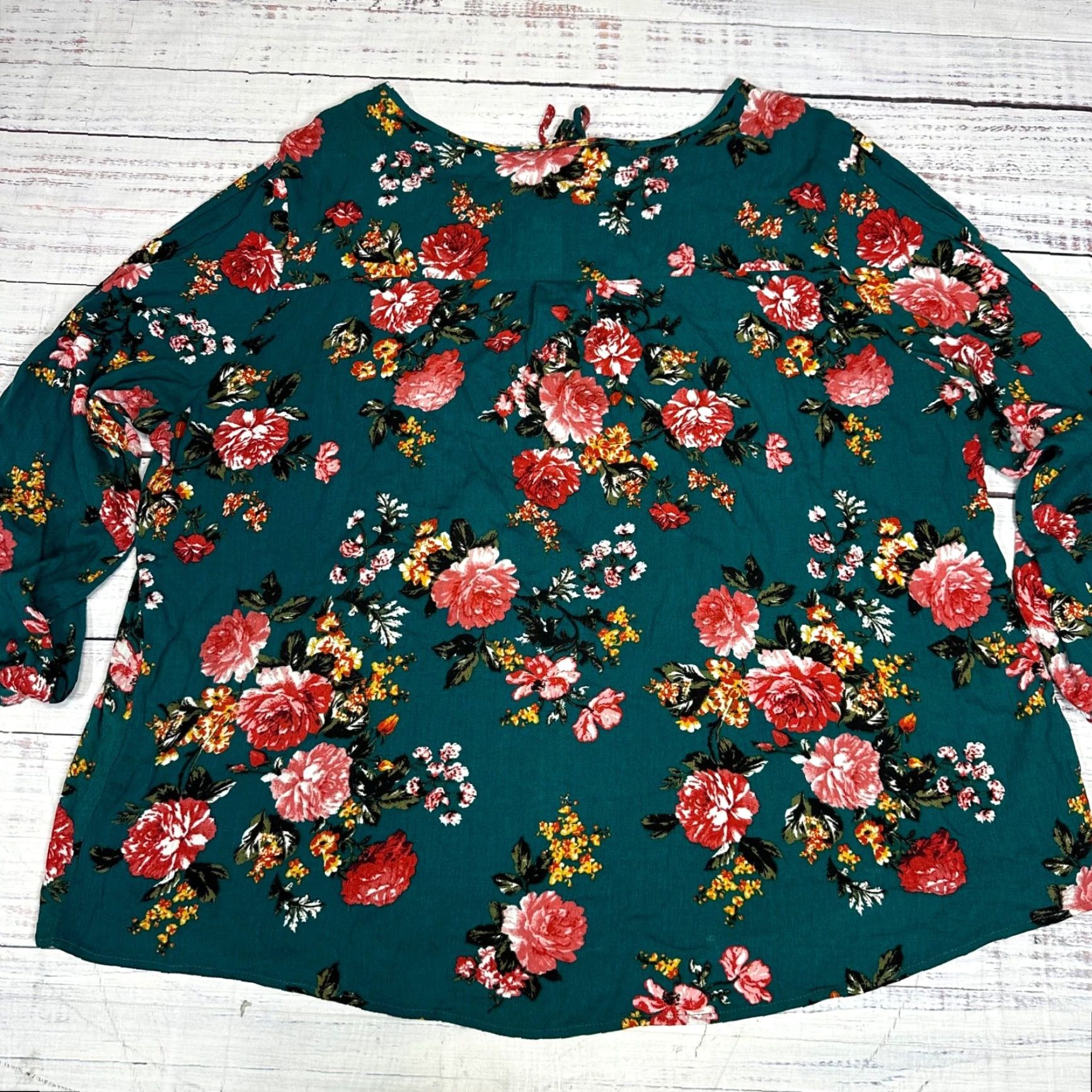Vintage Suzanne Betro Womens Blouse Long Sleeve Floral Green 3X Keyhole Tie Roll Tab Shirt Plus Size Size XXL / US 16-18 / IT 52-54 - 4 Thumbnail